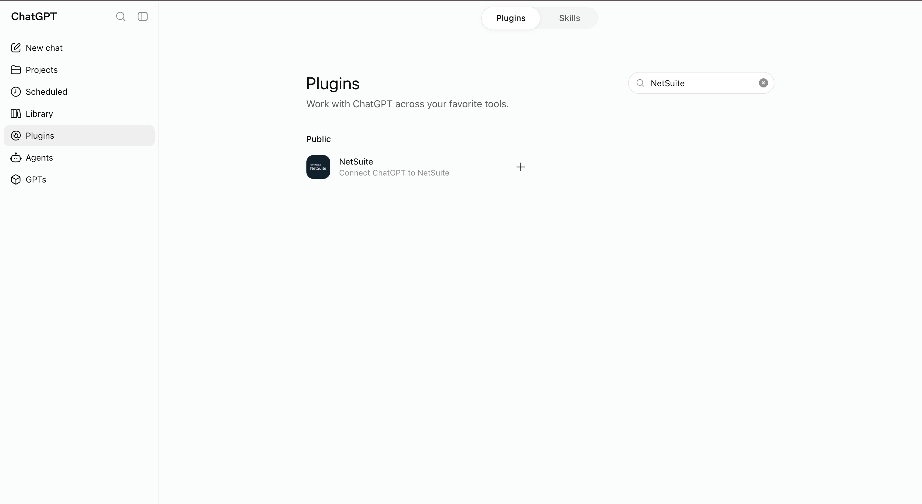 ChatGPT app directory with “NetSuite” searched, showing the public Oracle NetSuite listing described as “Connect ChatGPT to NetSuite”