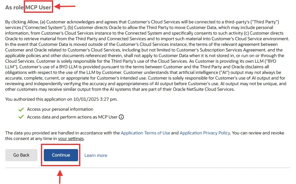 NetSuite role selection screen showing MCP User as an available role after starting the ChatGPT connection