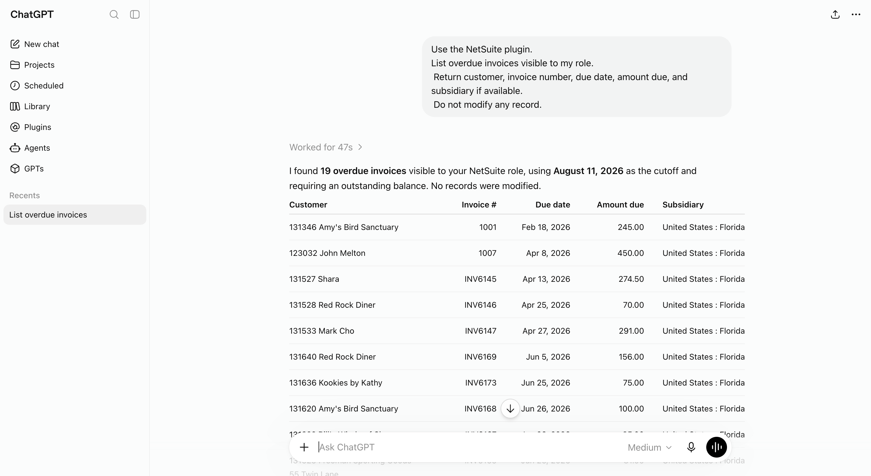 ChatGPT response showing overdue invoices returned from NetSuite without modifying records