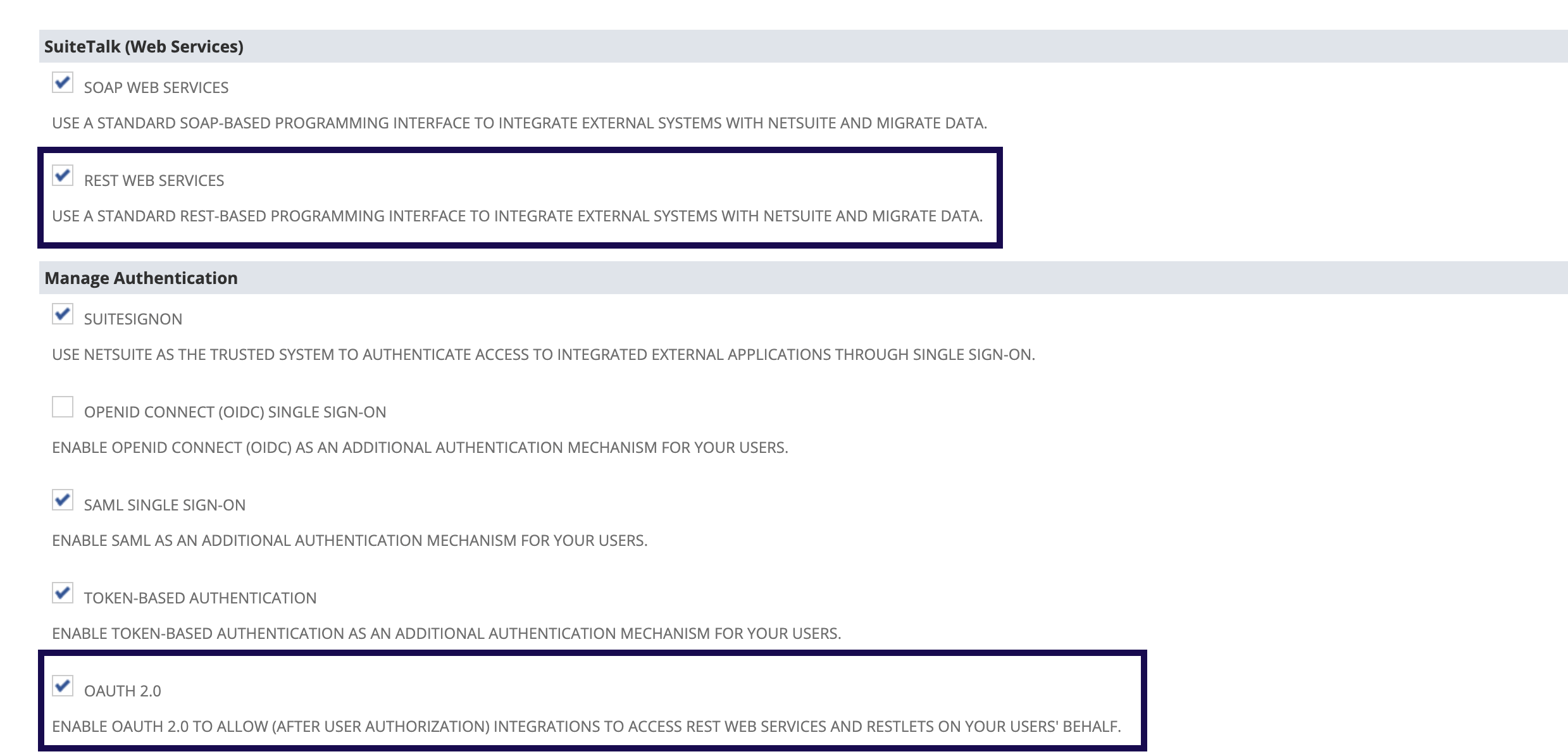 NetSuite Enable Features page showing REST Web Services and OAuth 2.0 enabled