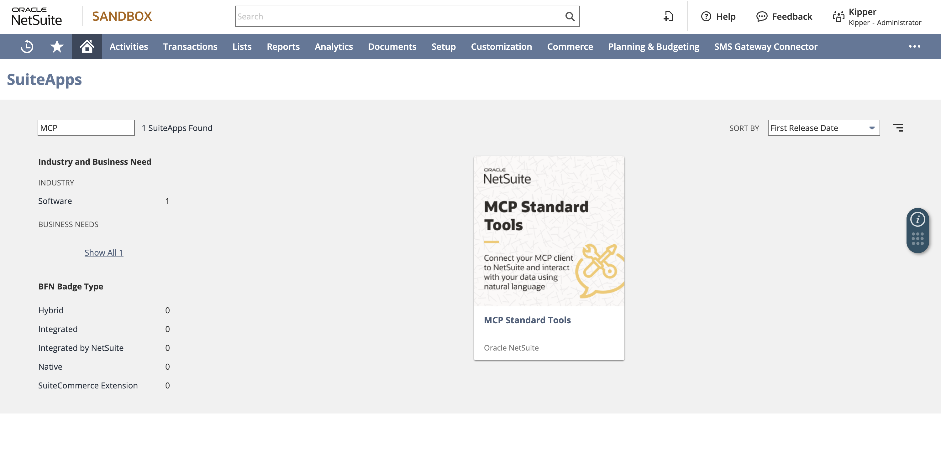 NetSuite SuiteApps search results showing MCP Standard Tools in the SuiteApp Marketplace