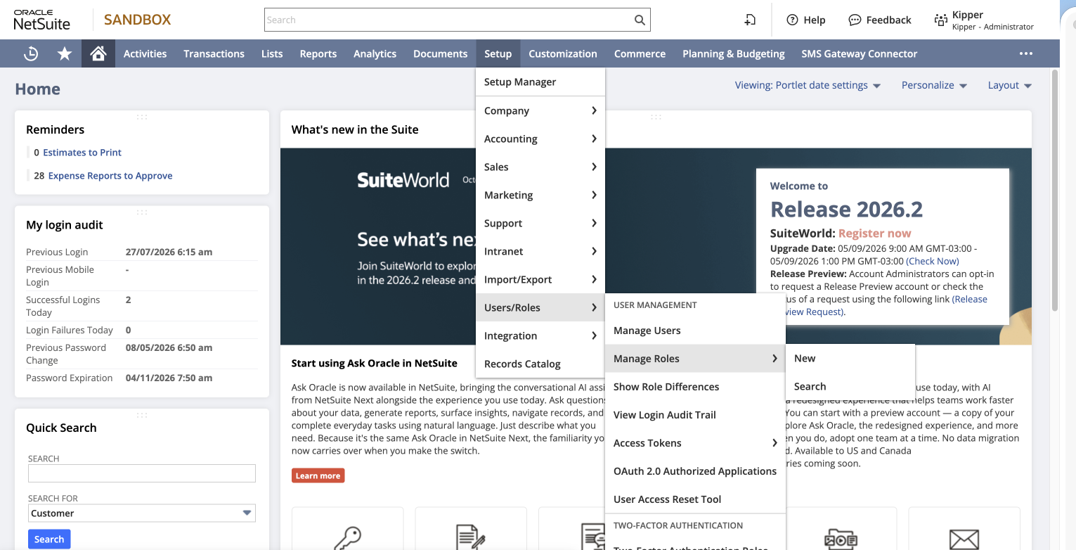 NetSuite Setup menu with Users/Roles → Manage Roles → New highlighted