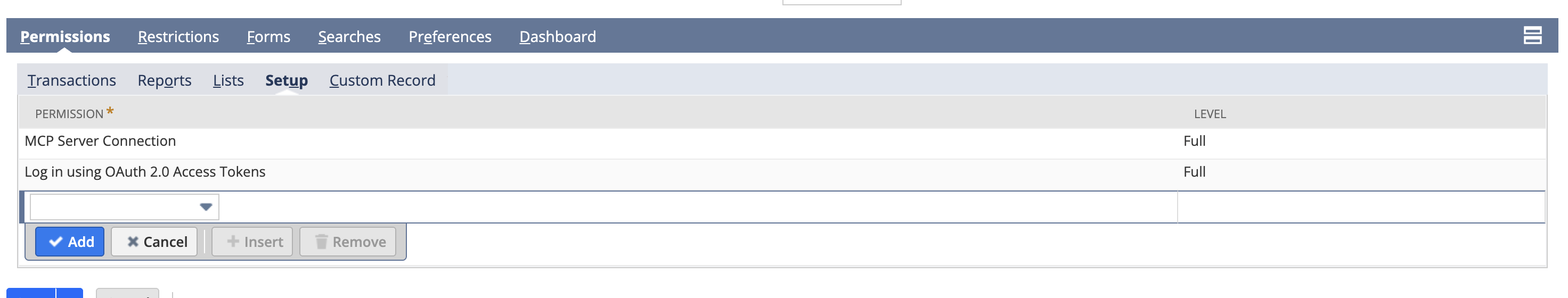 The role’s Setup permissions: MCP Server Connection and Log in using OAuth 2.0 Access Tokens, both at Full level