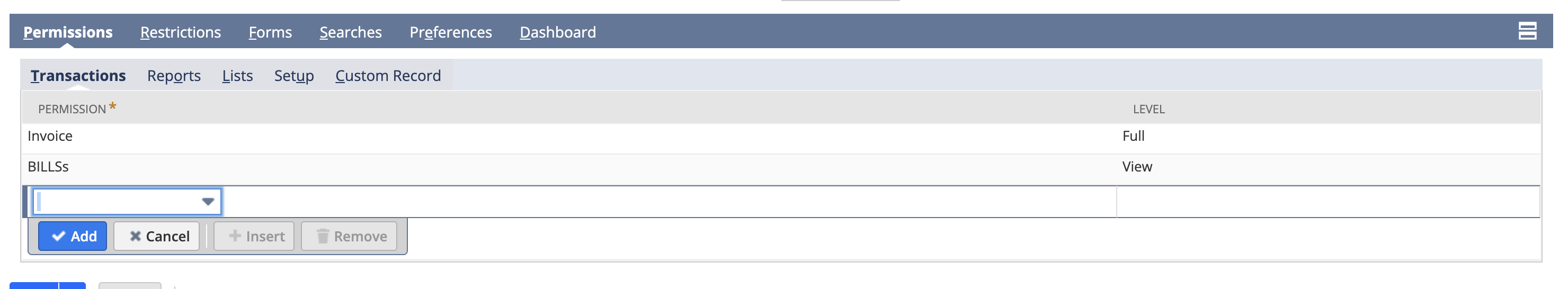 The role’s Transactions permissions: Invoice at Full level and Bills at View level