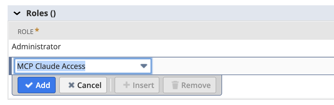 Assigning the MCP Claude Access role to a user on their employee record’s Roles subtab