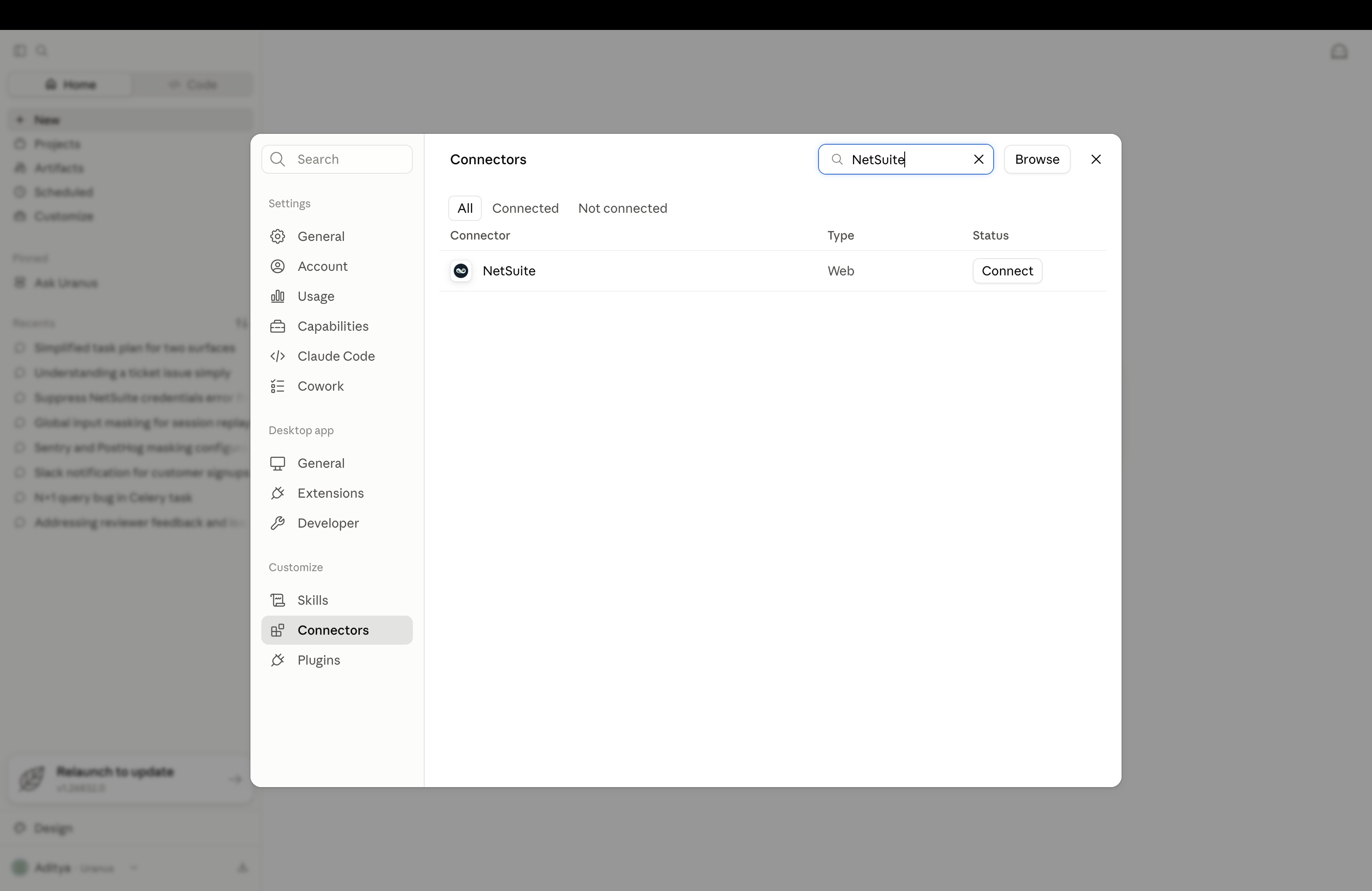 Claude Connectors settings showing NetSuite with a Connect button