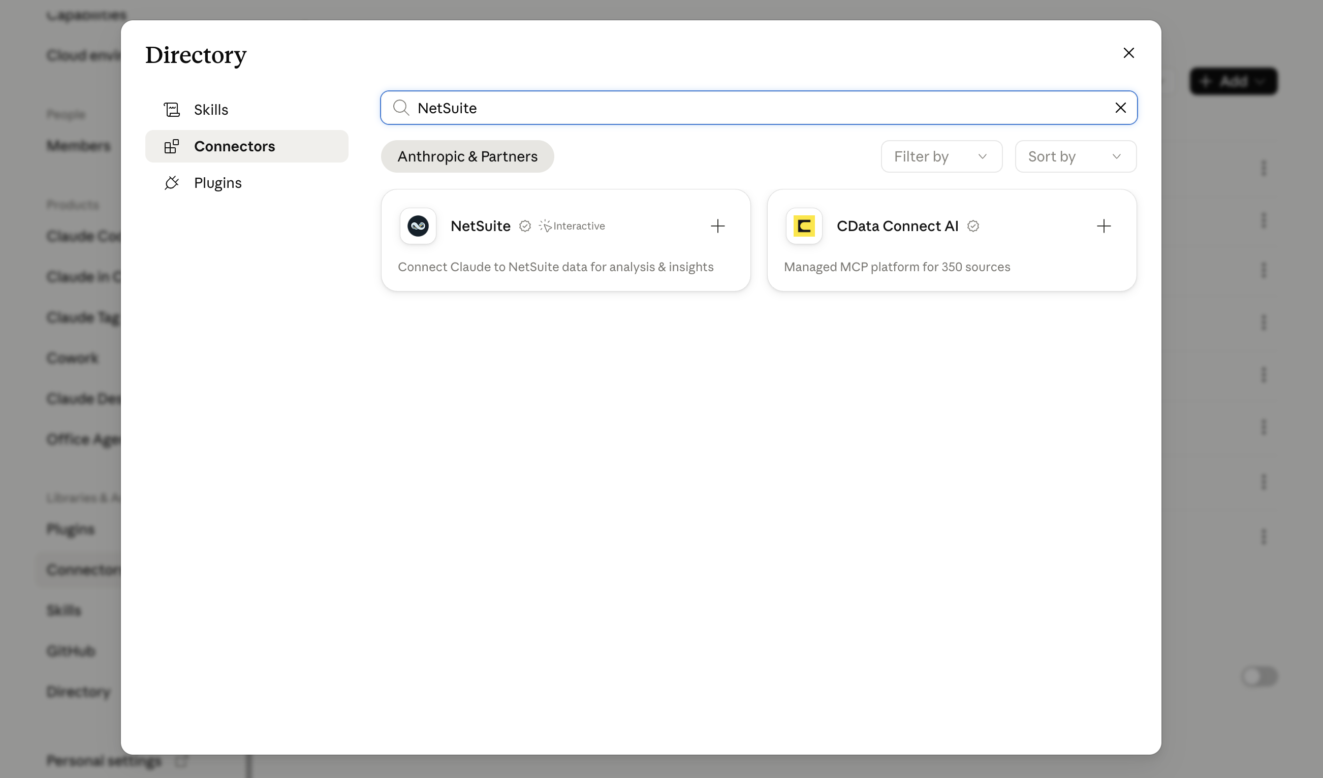 Claude’s Directory search for “NetSuite”, showing the NetSuite AI connector card