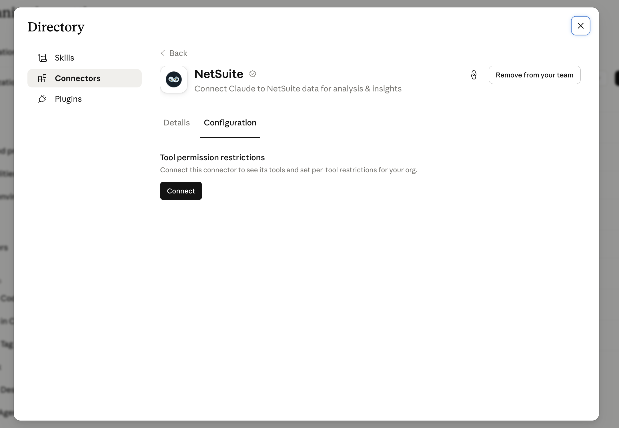 The NetSuite connector’s Configuration tab with the Connect button