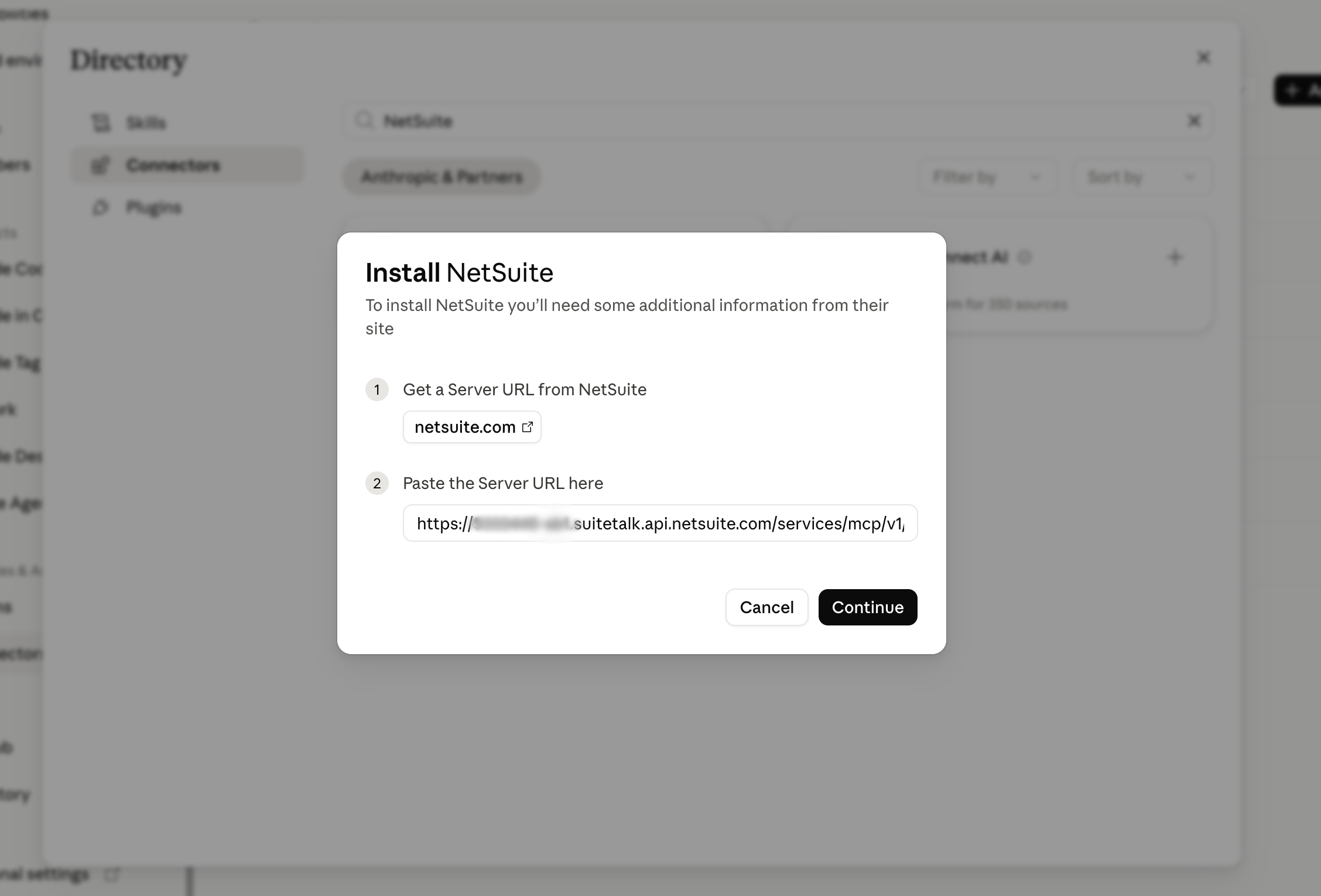 The Install NetSuite dialog with the NetSuite Server URL pasted into the field