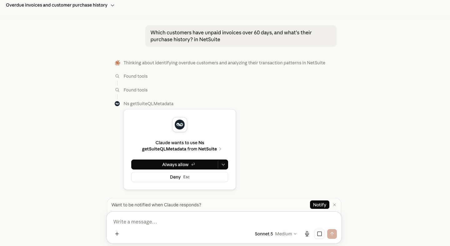 Claude requesting permission to use the NetSuite getSuiteQLMetadata tool, with Always allow and Deny options