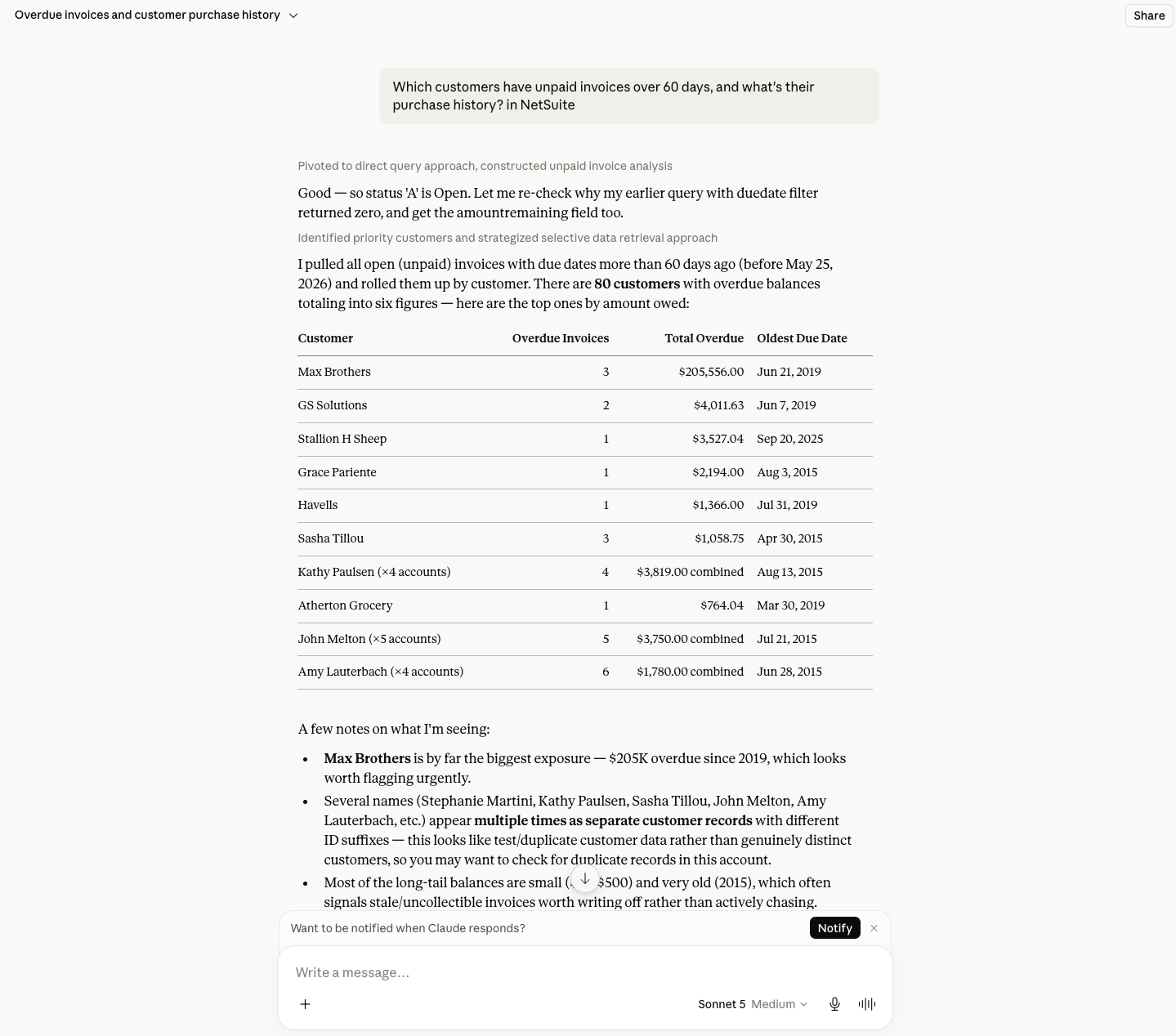 Claude answering a NetSuite question about overdue invoices with real records