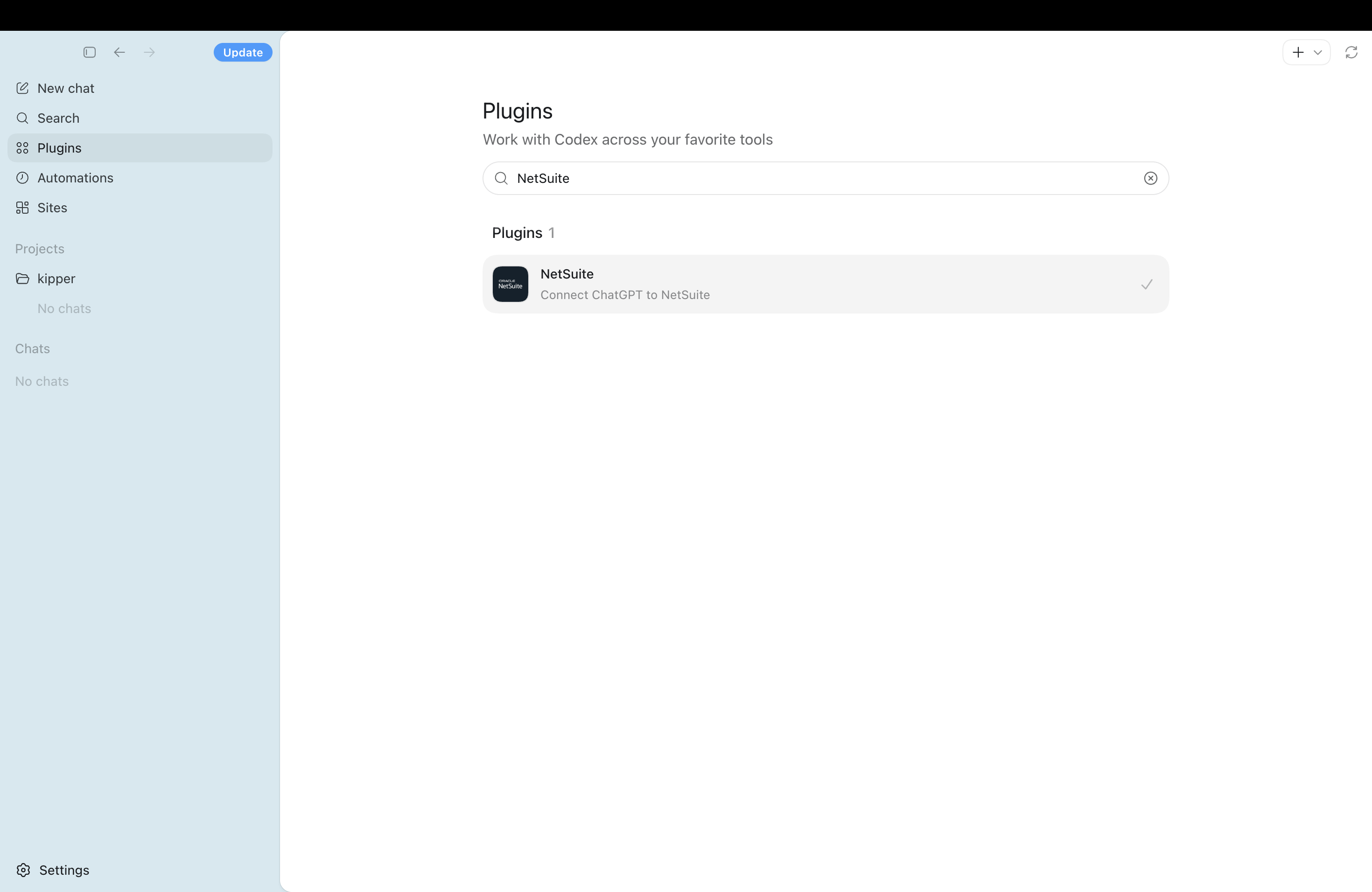 Codex Plugins directory with “NetSuite” searched, showing the Oracle NetSuite plugin enabled