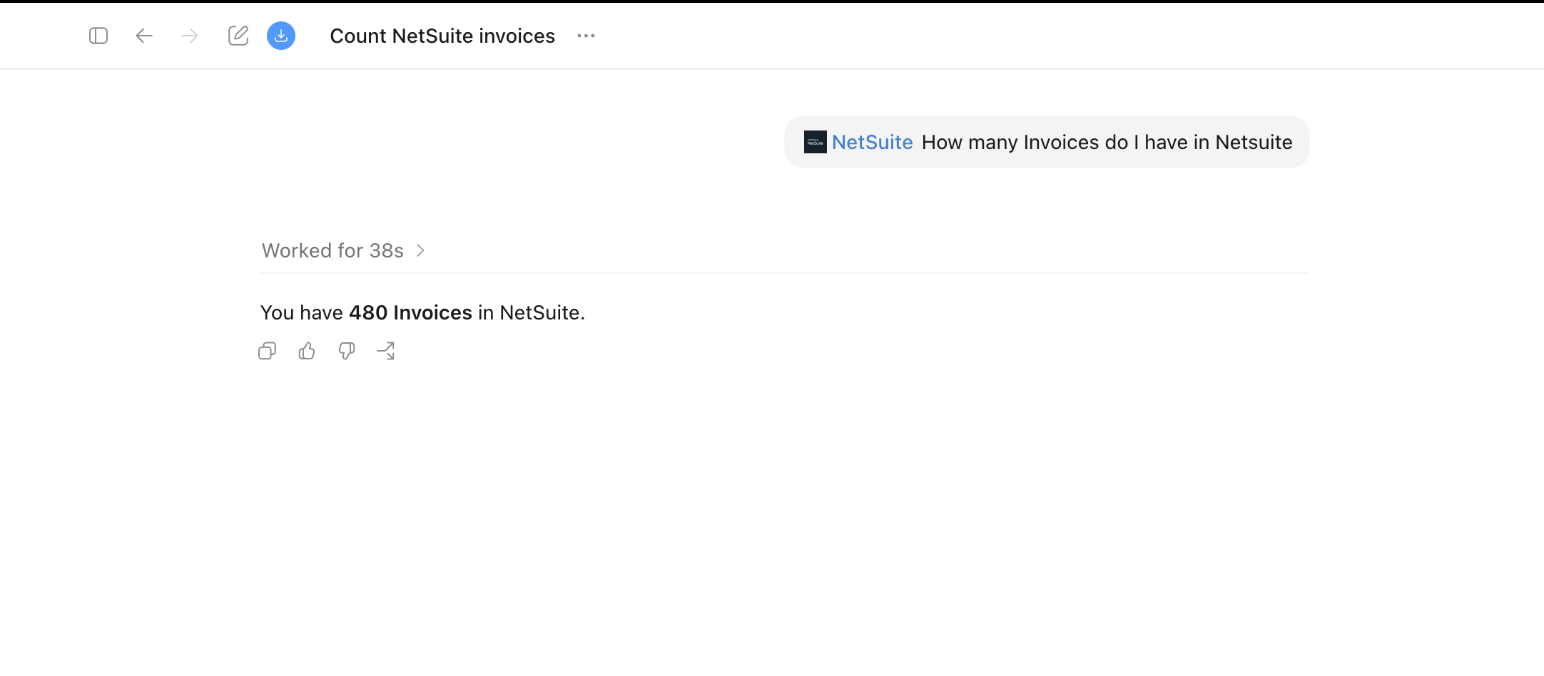 Codex answering a NetSuite invoice-count question with a result of 480 invoices