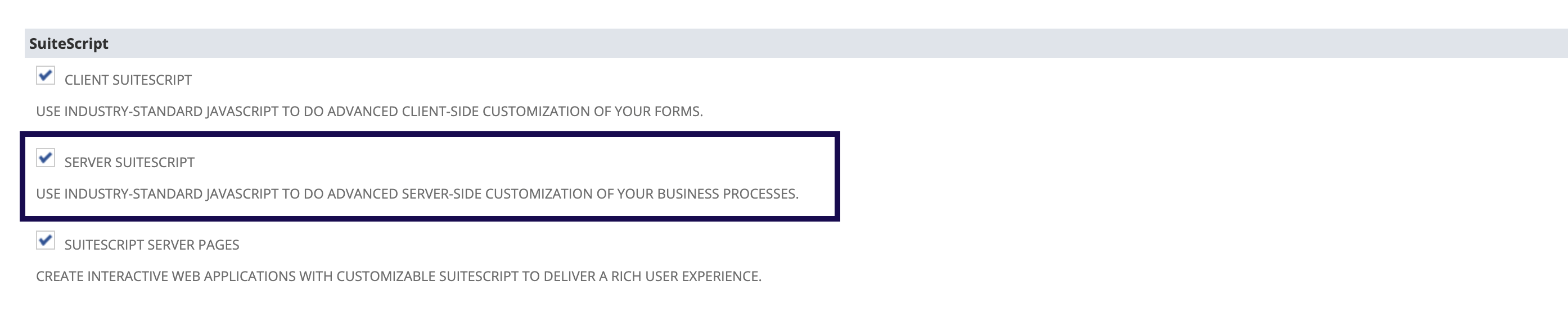 NetSuite Enable Features page with Server SuiteScript checked and highlighted in the SuiteScript section