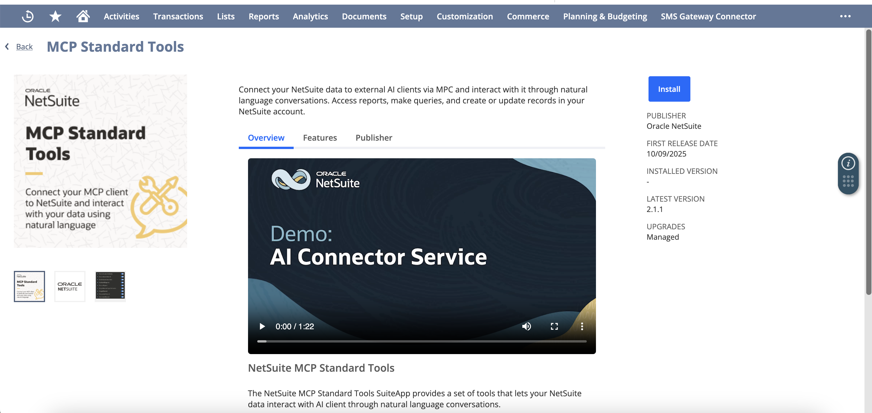 NetSuite SuiteApp page for MCP Standard Tools, published by Oracle NetSuite, with the Install button