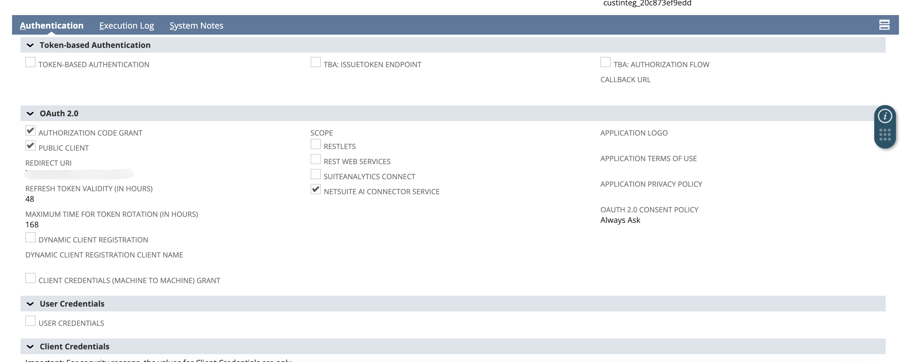 NetSuite Manage Integrations New form with the AI Connector Service, Authorization Code Grant, and Public Client options enabled