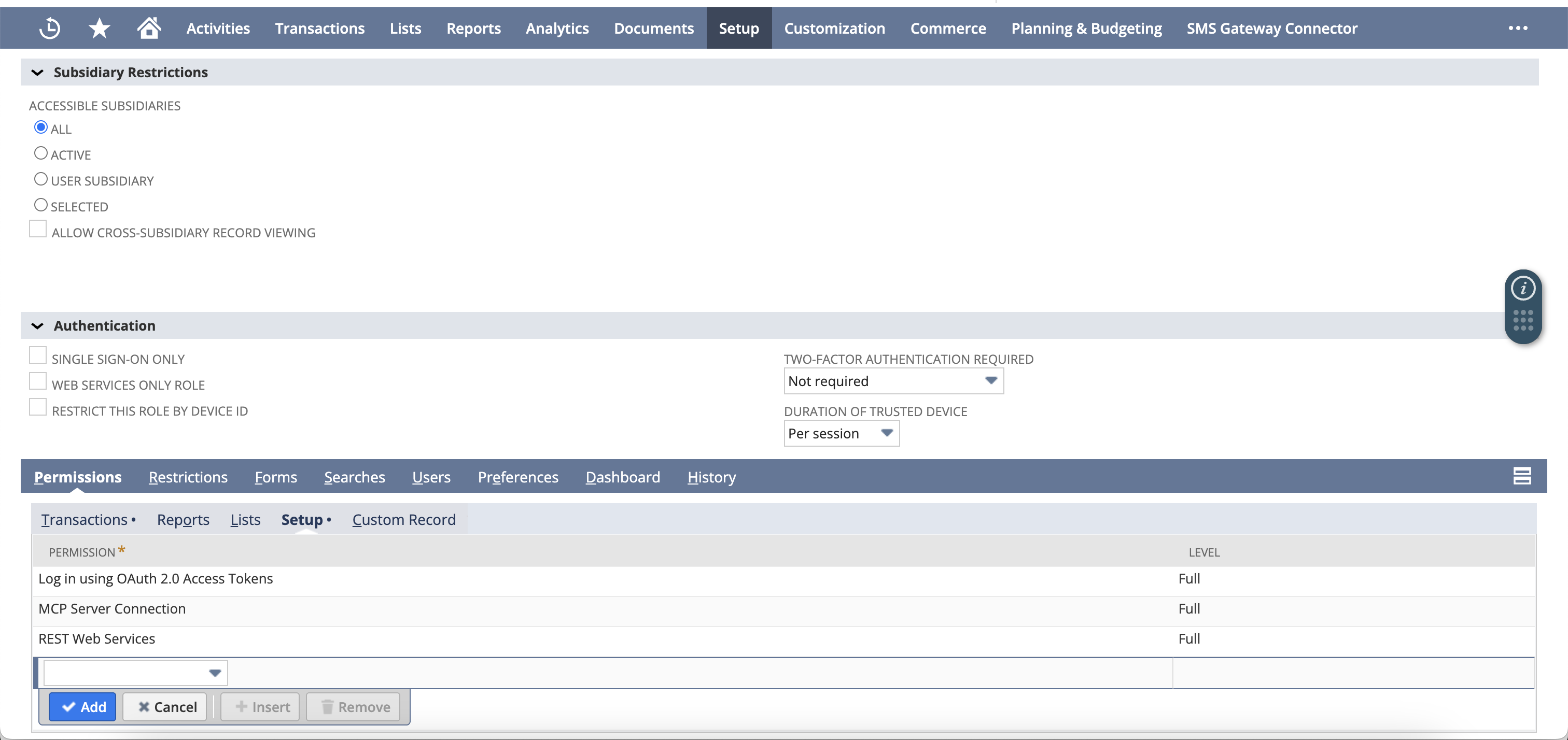 New NetSuite role with the MCP server connection and OAuth 2.0 access token permissions granted