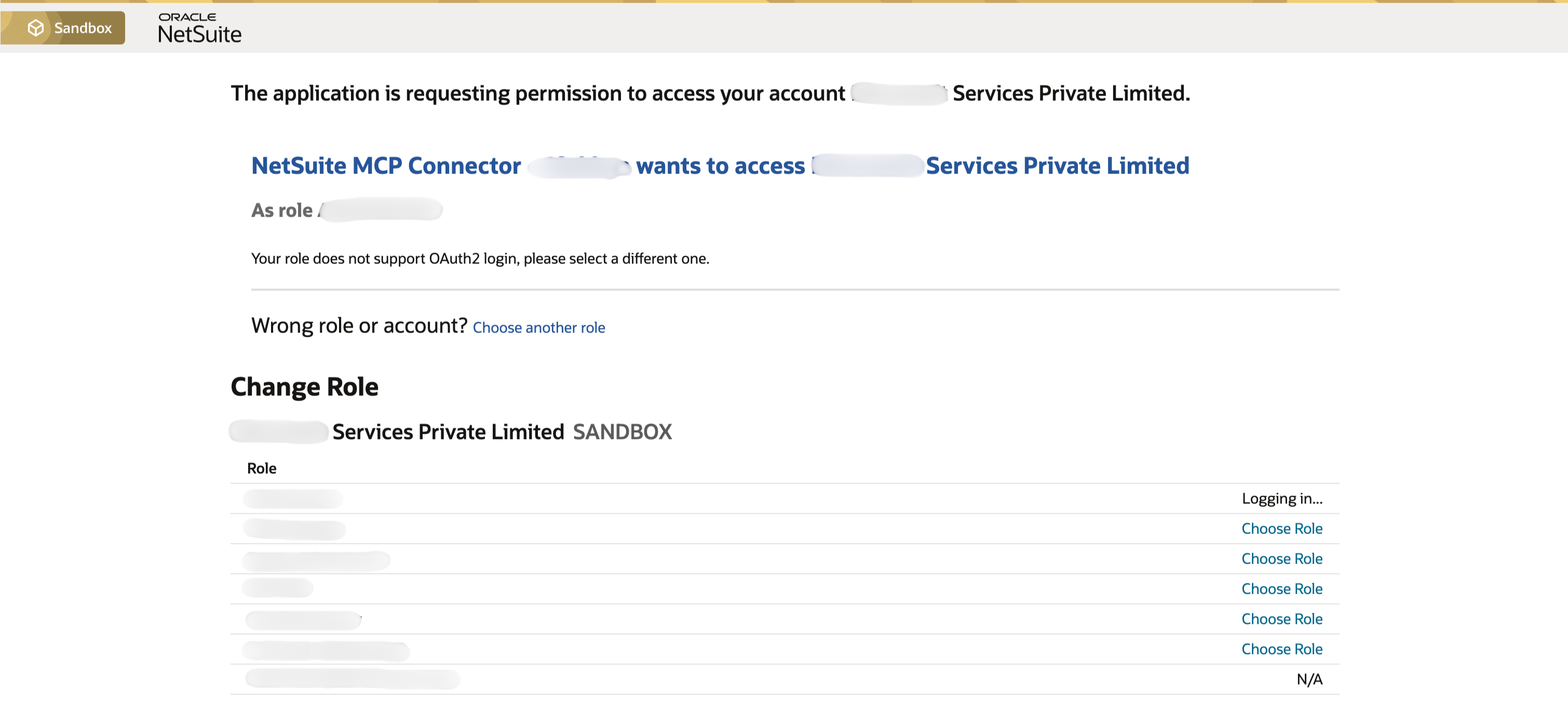 NetSuite OAuth role error showing that the current role does not support OAuth2 login