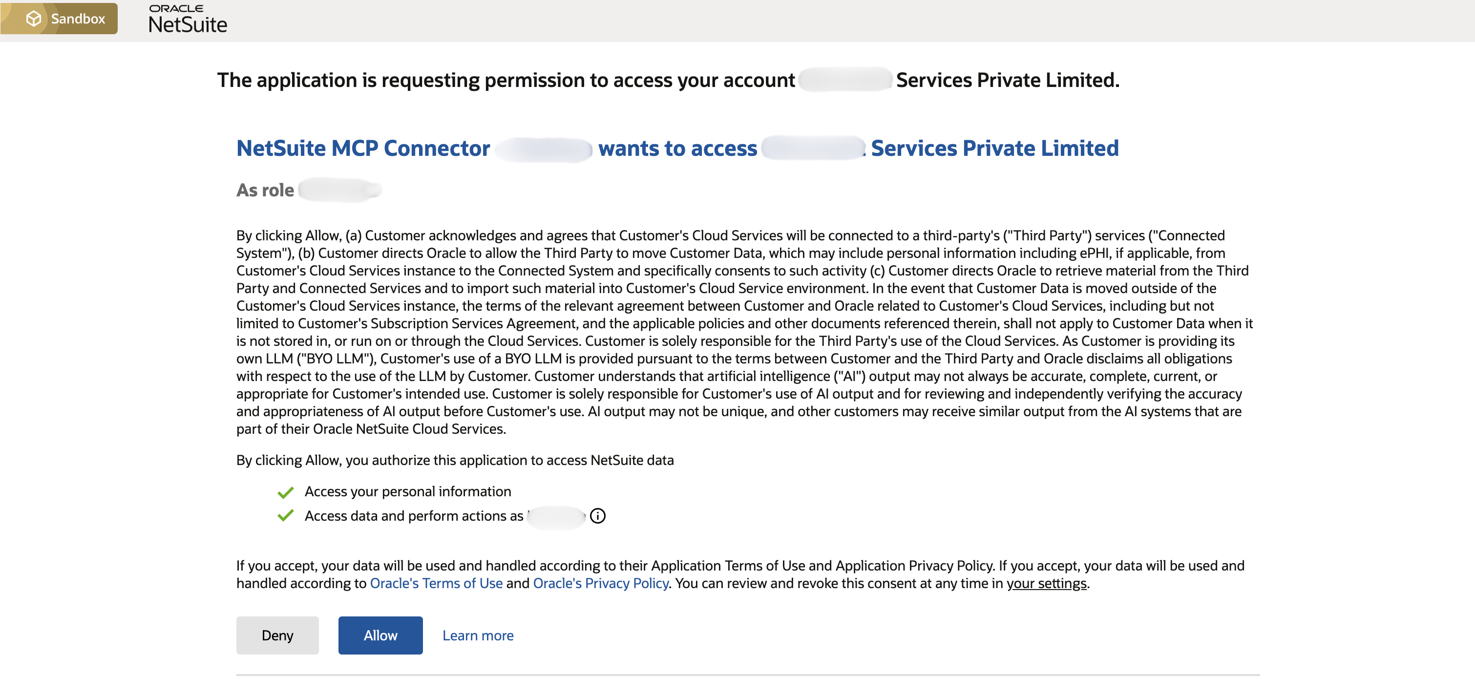NetSuite OAuth grant access / consent screen