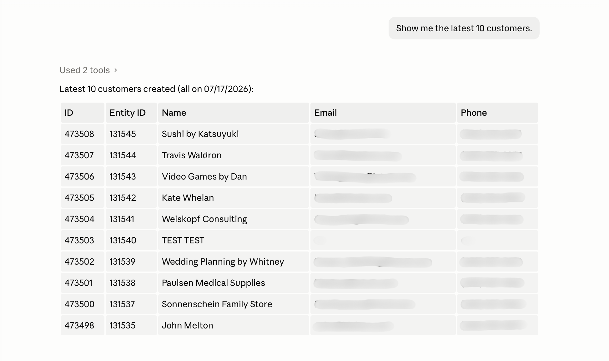Query results in Claude: Claude output showing the latest 10 NetSuite customers in a table