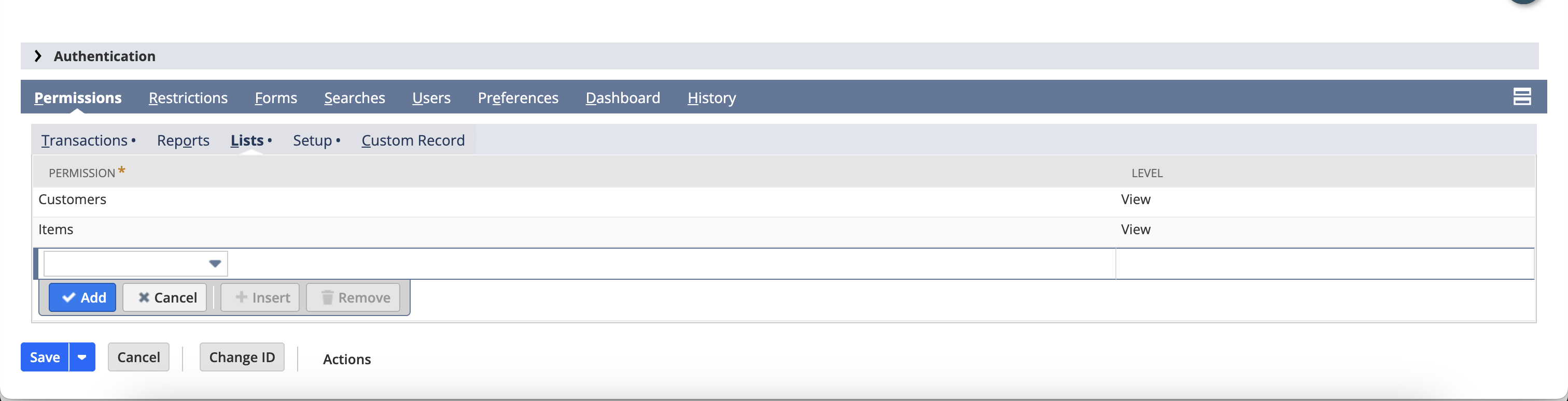 Adding List permissions such as Customers and Items to the role on the NetSuite role Permissions tab