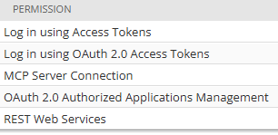 NetSuite permission options menu showing MCP Server Connection, OAuth 2.0 access-token login, and REST Web Services