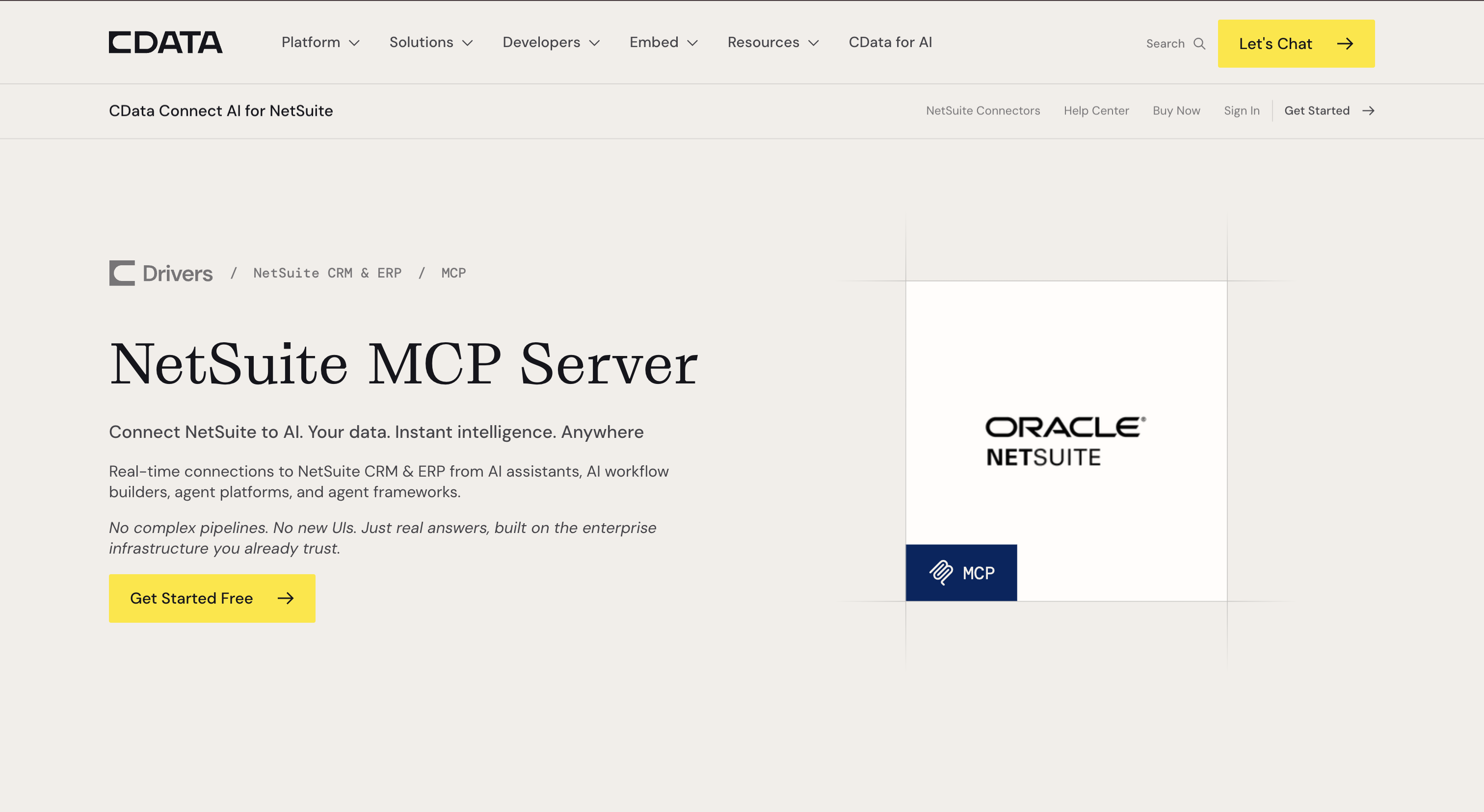 CData NetSuite MCP Server page showing CData Connect AI for NetSuite