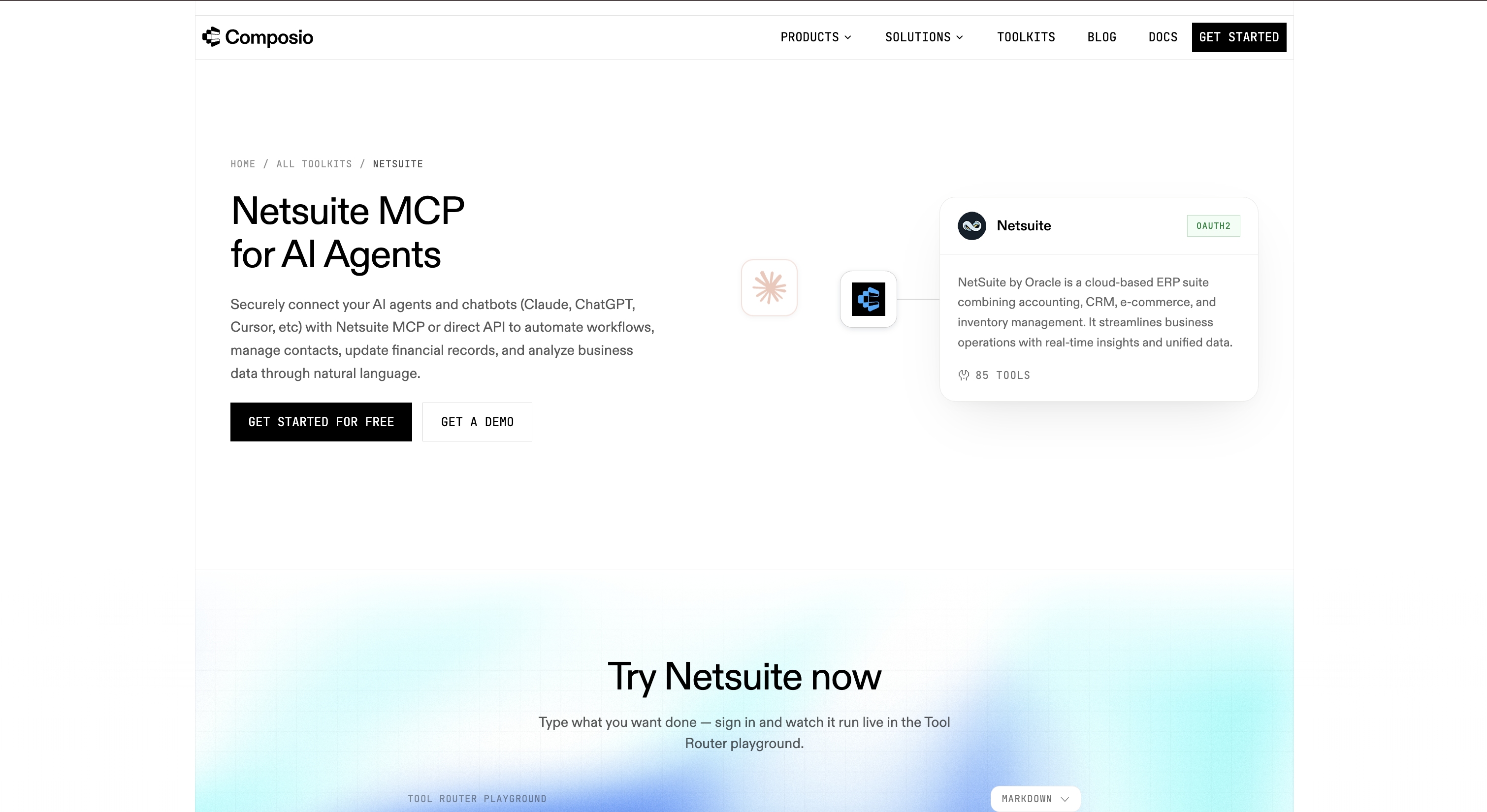 Composio NetSuite toolkit page for MCP and AI agents