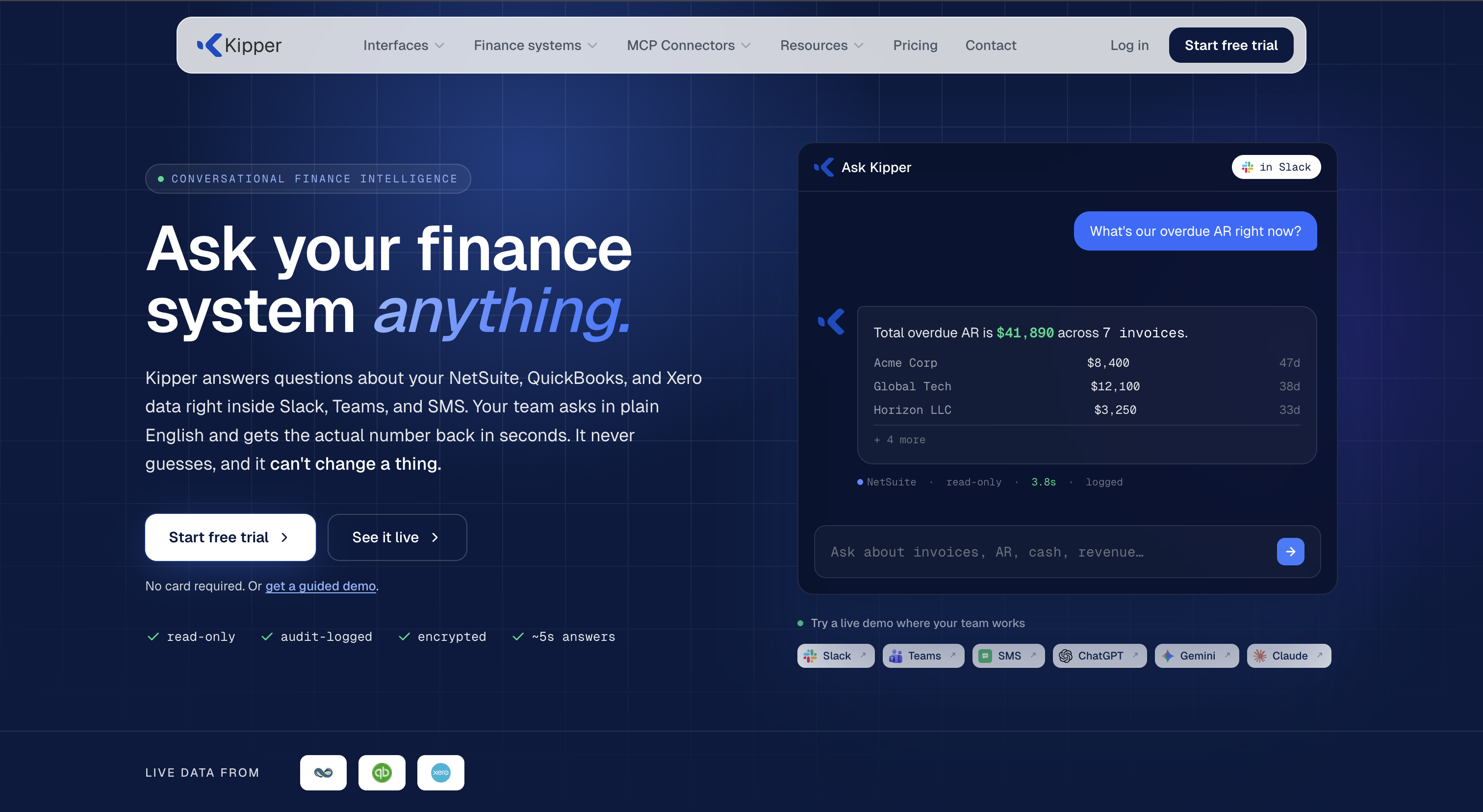 Kipper home page showing a finance question answered from NetSuite data