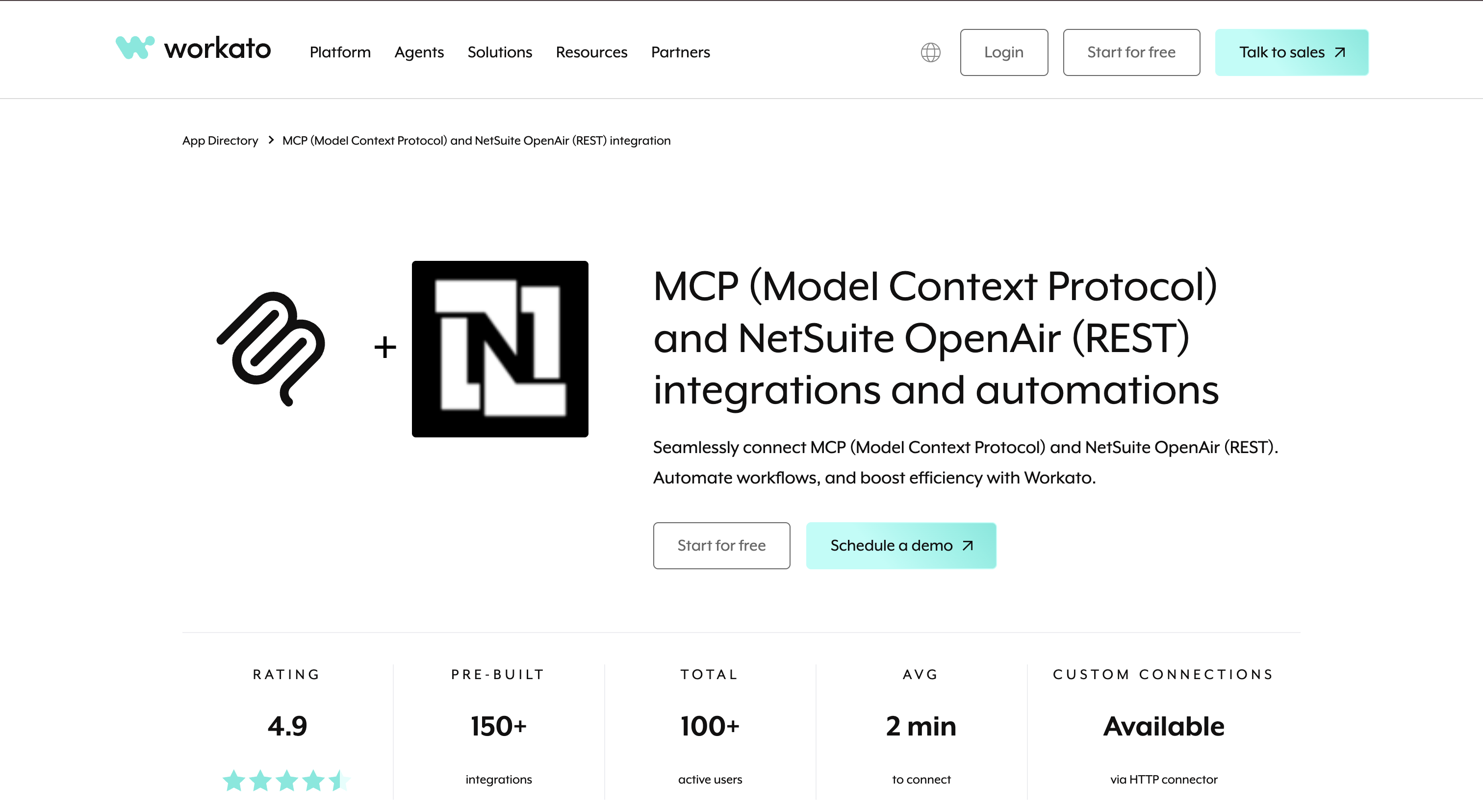 Workato NetSuite MCP and agent gateway page