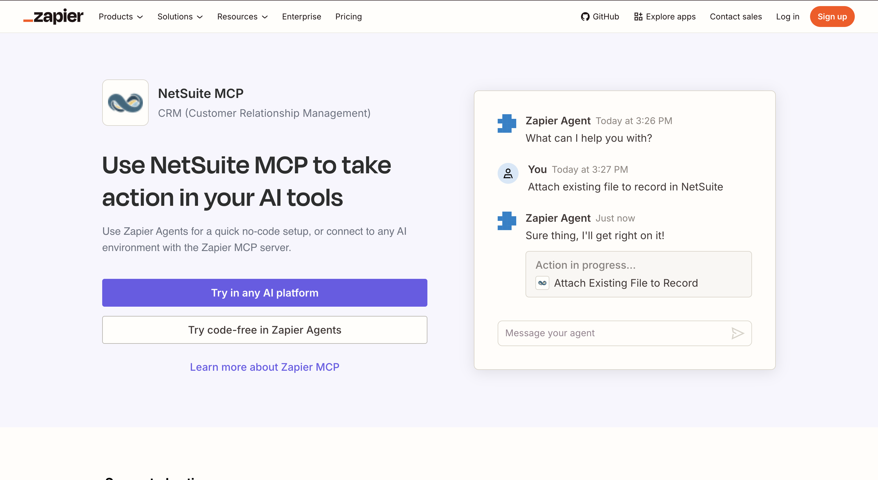 Zapier NetSuite MCP page showing NetSuite actions exposed through Zapier MCP