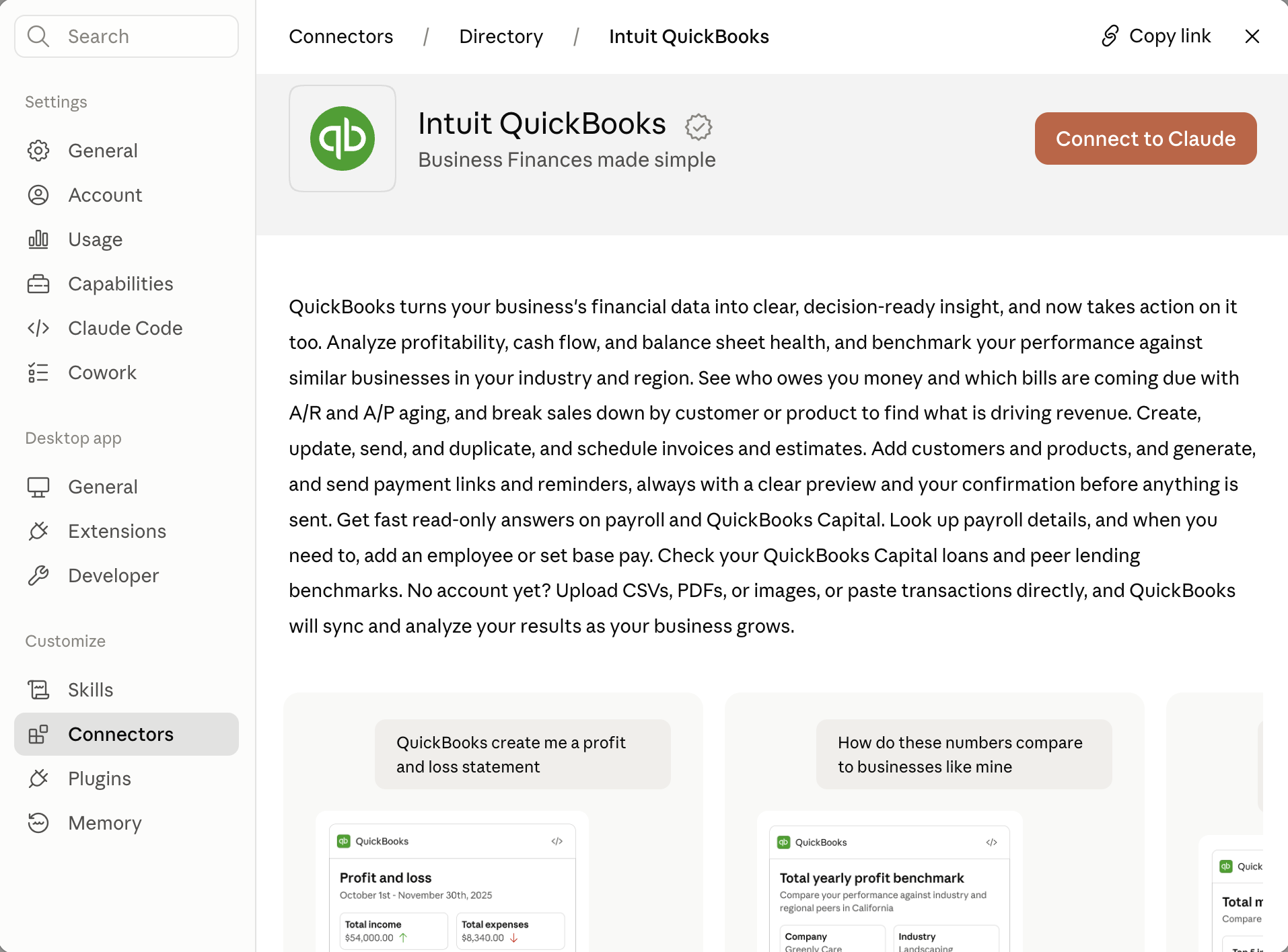 Intuit QuickBooks connector page in Claude’s connector directory, showing the verified publisher badge and a Connect to Claude button