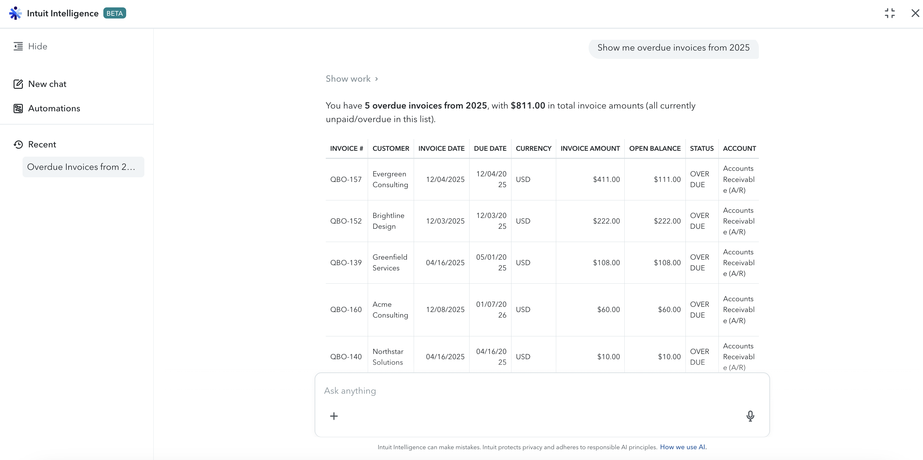 Intuit Intelligence chat panel in QuickBooks Online answering “Show me overdue invoices from 2025” with a table of five overdue invoices