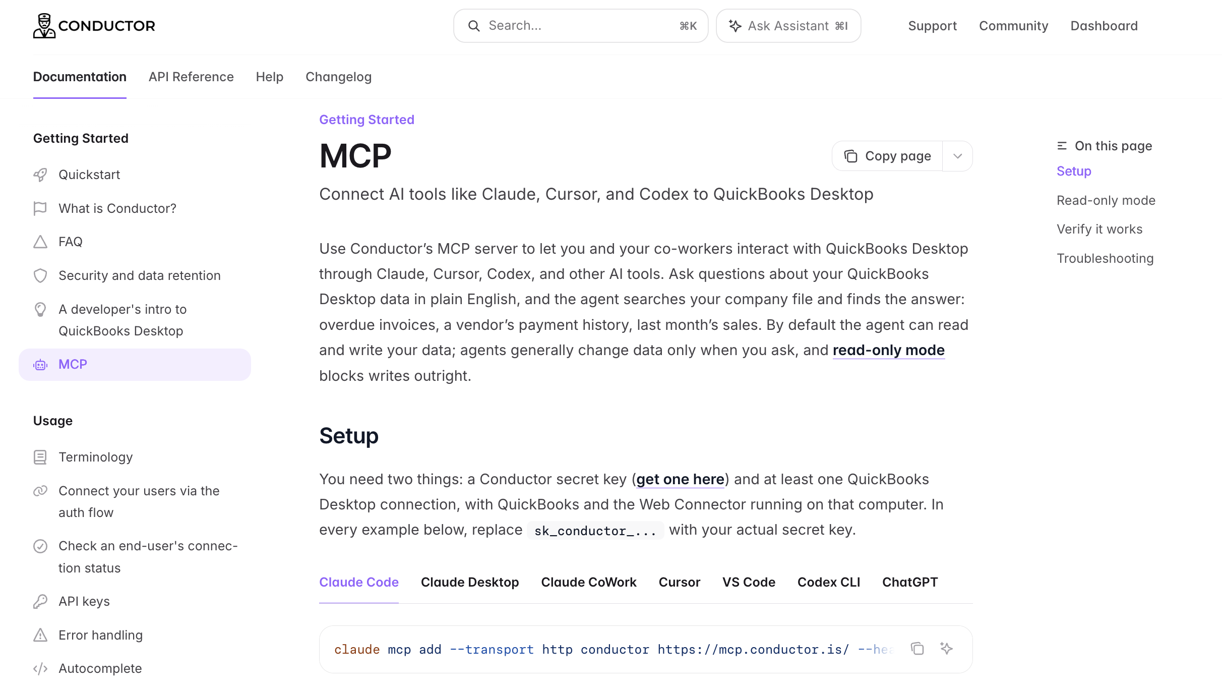 Conductor MCP documentation page showing setup requirements and the supported AI clients for QuickBooks Desktop