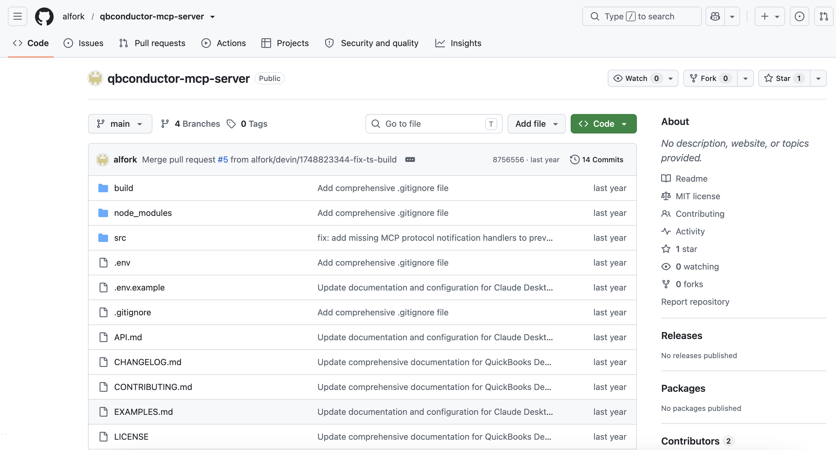 GitHub page for alfork/qbconductor-mcp-server showing one star, 14 commits, and an MIT license