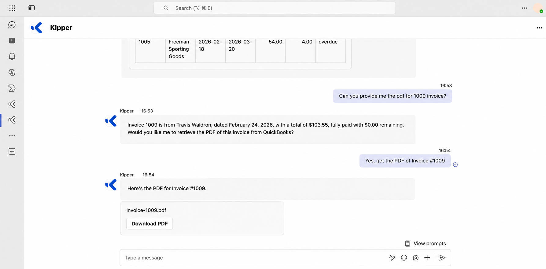 Kipper in Microsoft Teams offering and then delivering the PDF for Invoice #1009 with a Download PDF button