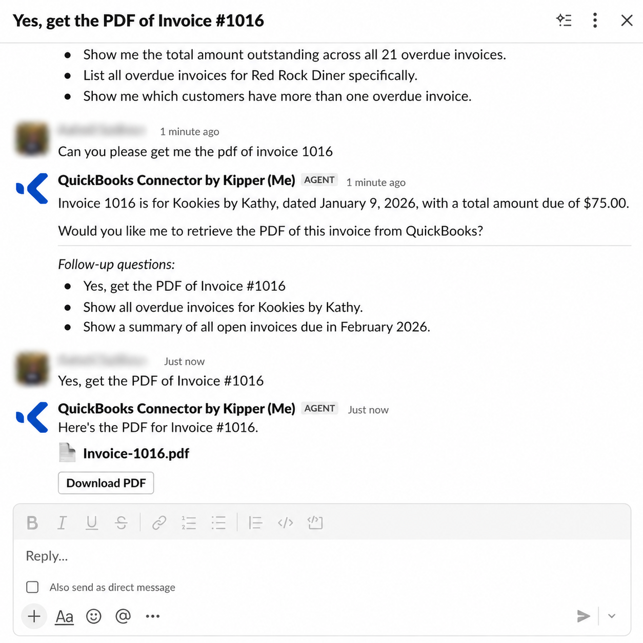 The QuickBooks Connector by Kipper in Slack replying with invoice details and a Download PDF button for Invoice #1016