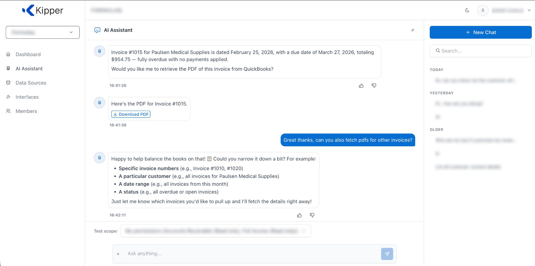 Kipper’s web chat showing a QuickBooks invoice answer, the “retrieve the PDF?” offer, and a Download PDF button for Invoice #1015