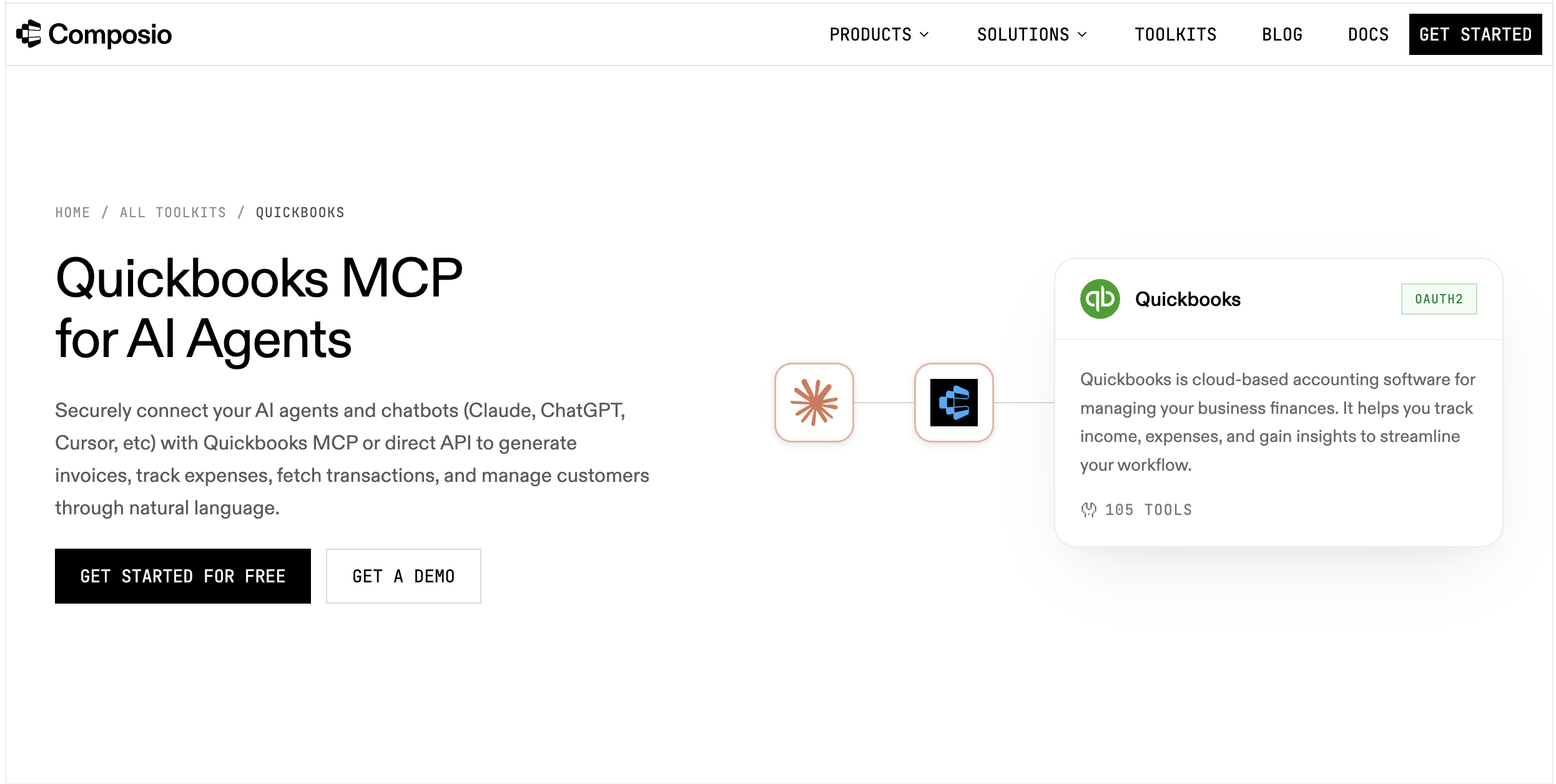 Composio's QuickBooks toolkit page