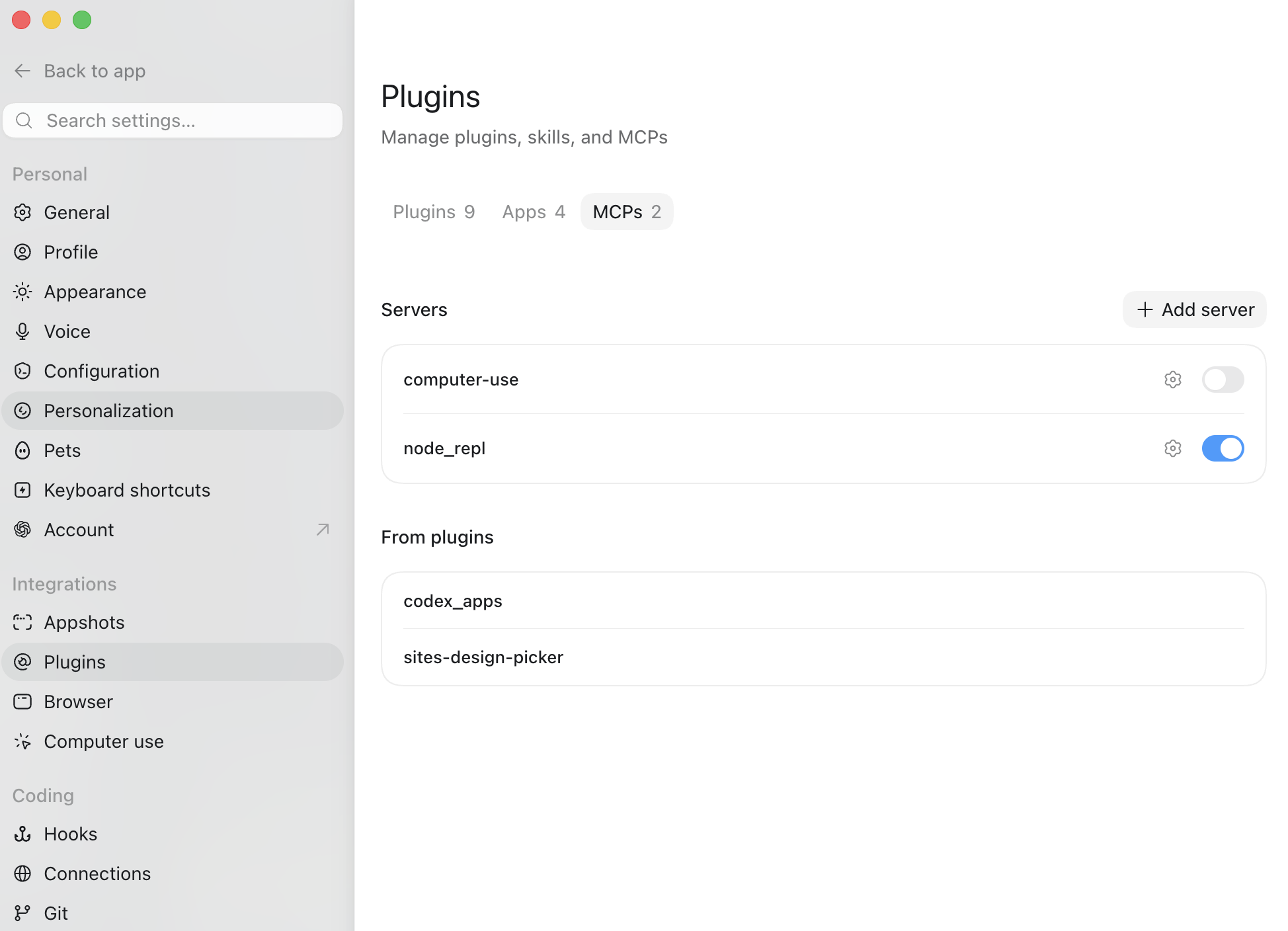 Codex Plugins settings, MCPs tab, with the Servers list and Add server button