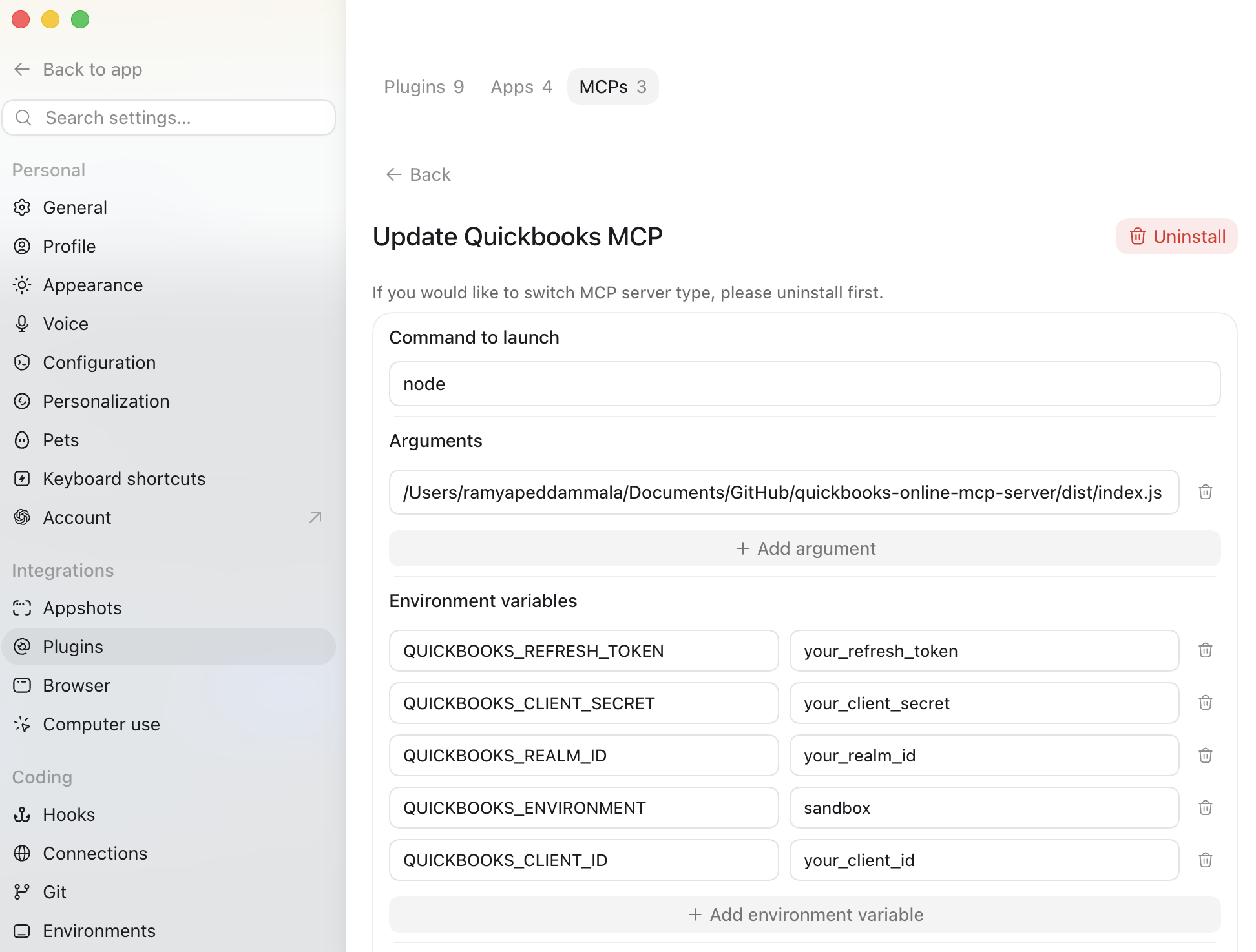 Add server form filled in with the quickbooks command, arguments, and environment variables