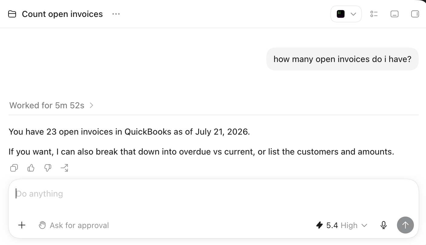 Codex answering a read-only QuickBooks query with real sandbox data