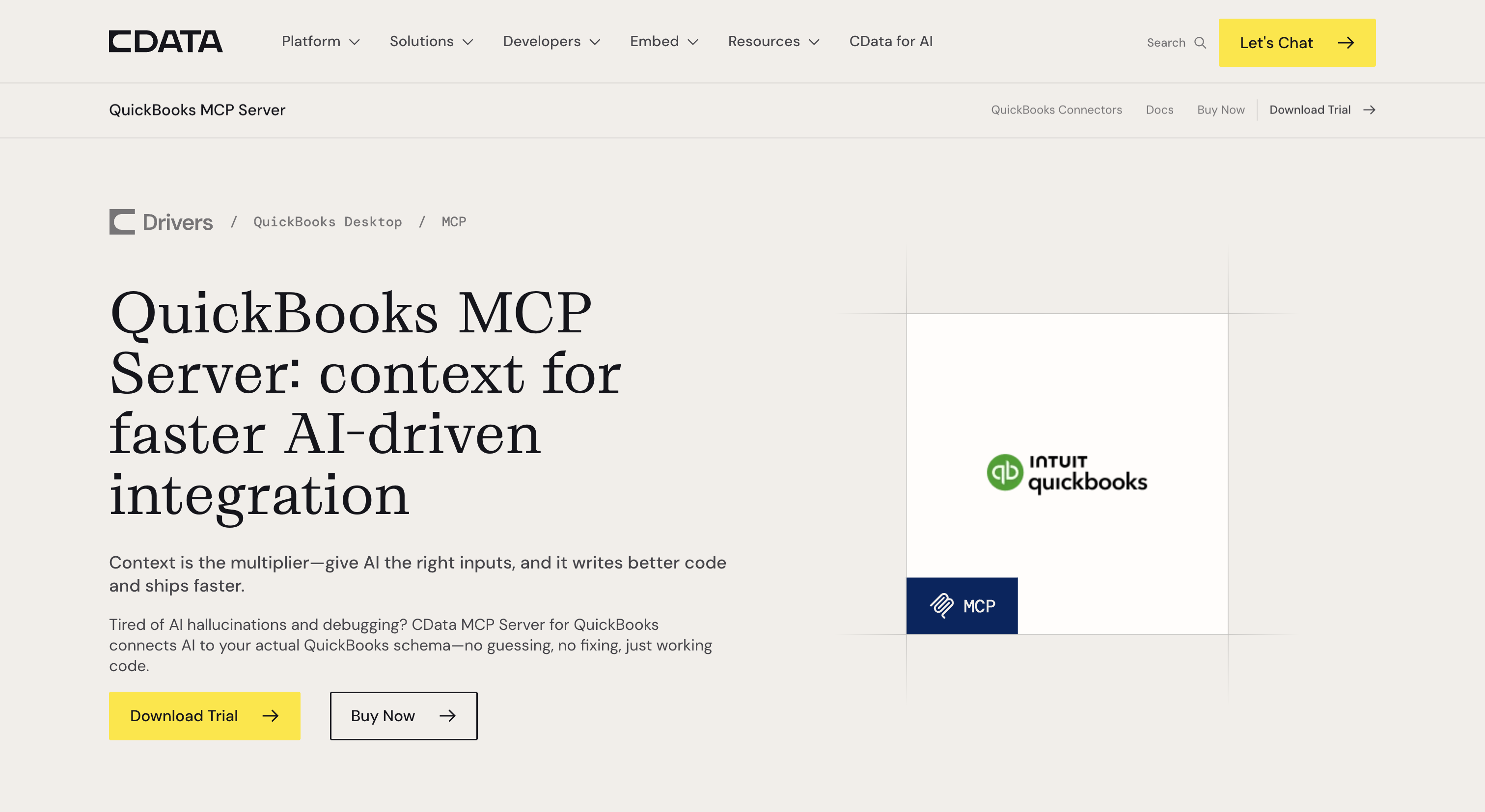 CData QuickBooks MCP Server page showing QuickBooks access for AI clients