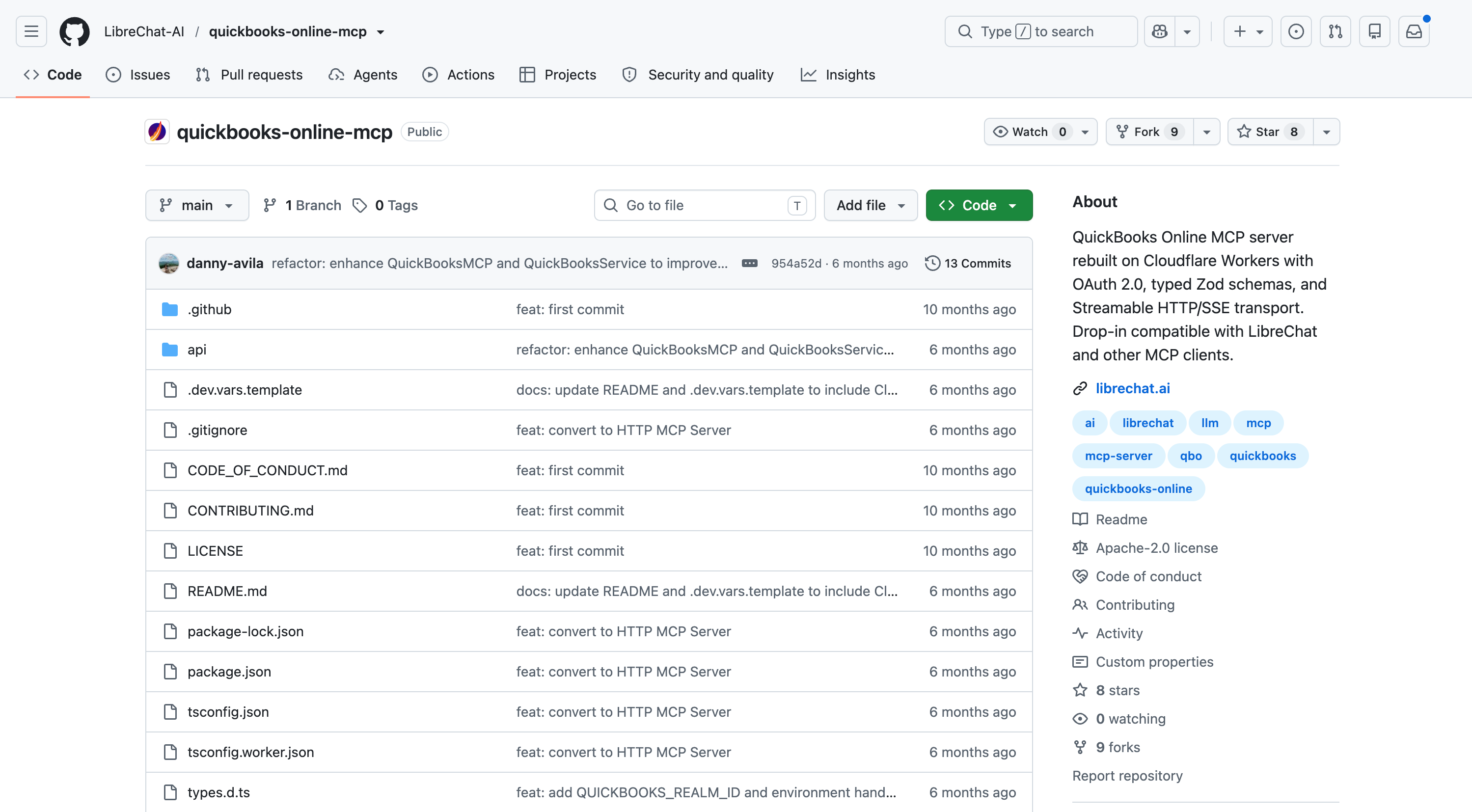 LibreChat QuickBooks Online MCP GitHub page for the Cloudflare Workers server