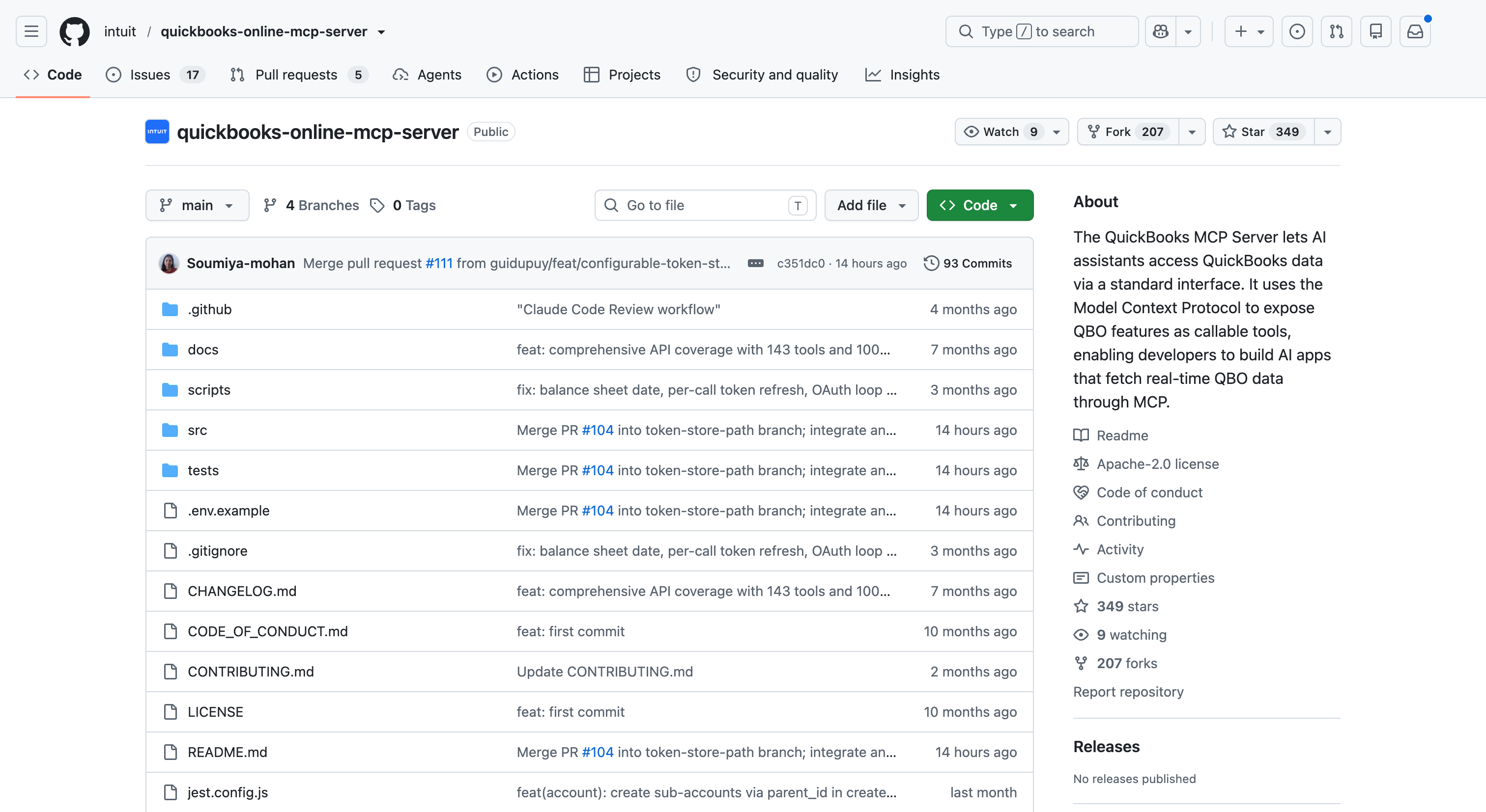 Intuit quickbooks-online-mcp-server GitHub page showing the official QuickBooks MCP repository