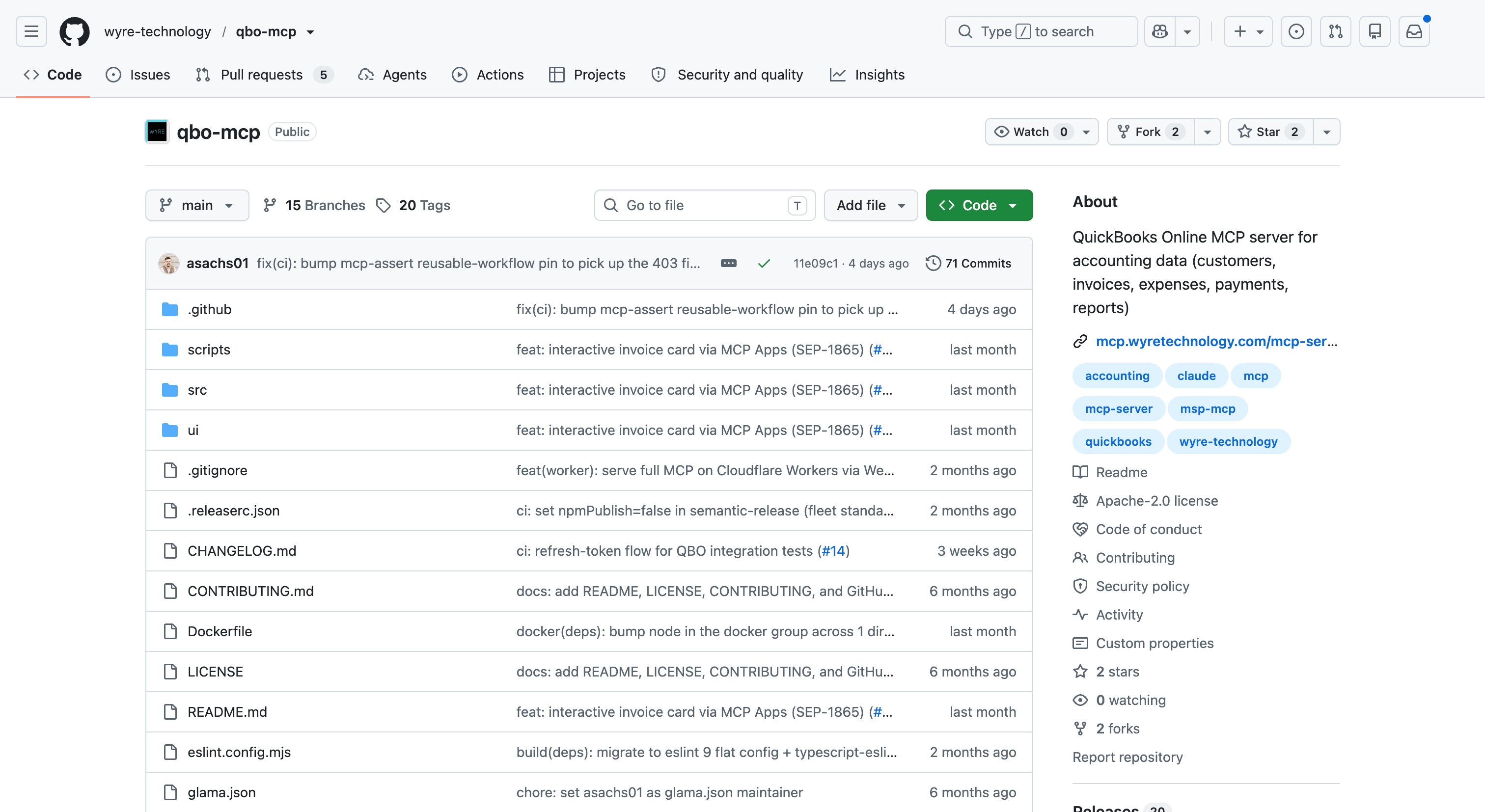 Wyre QuickBooks MCP GitHub page for the qbo-mcp community server