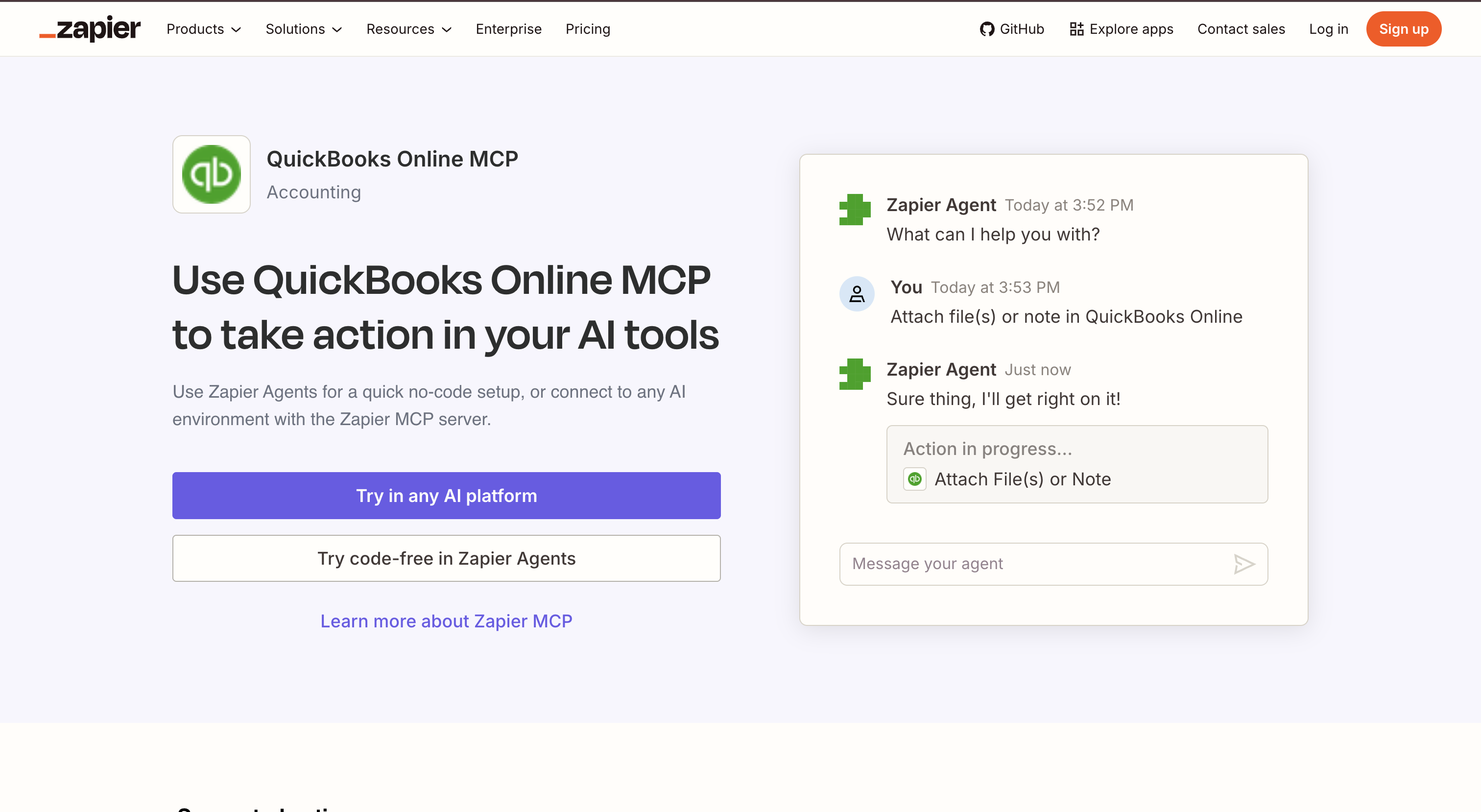 Zapier QuickBooks MCP page showing QuickBooks Online actions available through Zapier