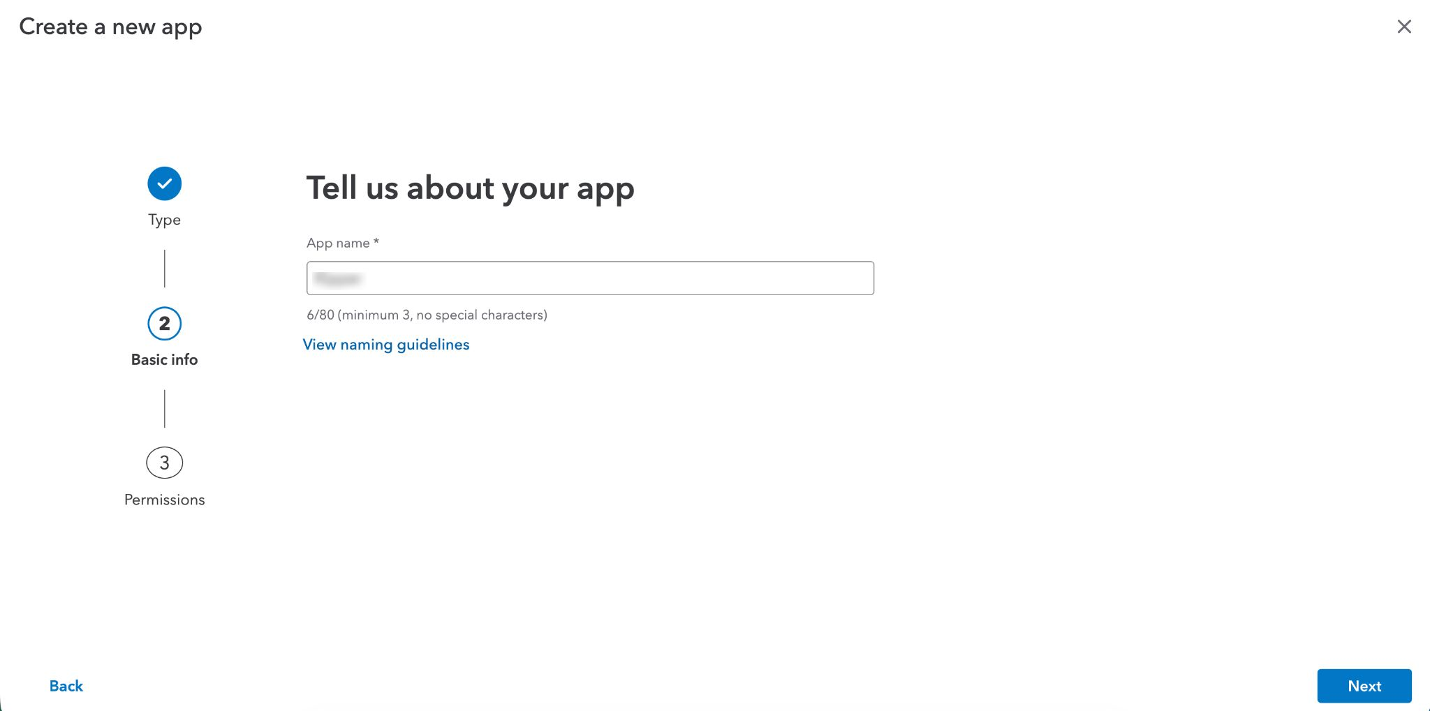 Create a new app in the Intuit Developer Portal, Basic info step