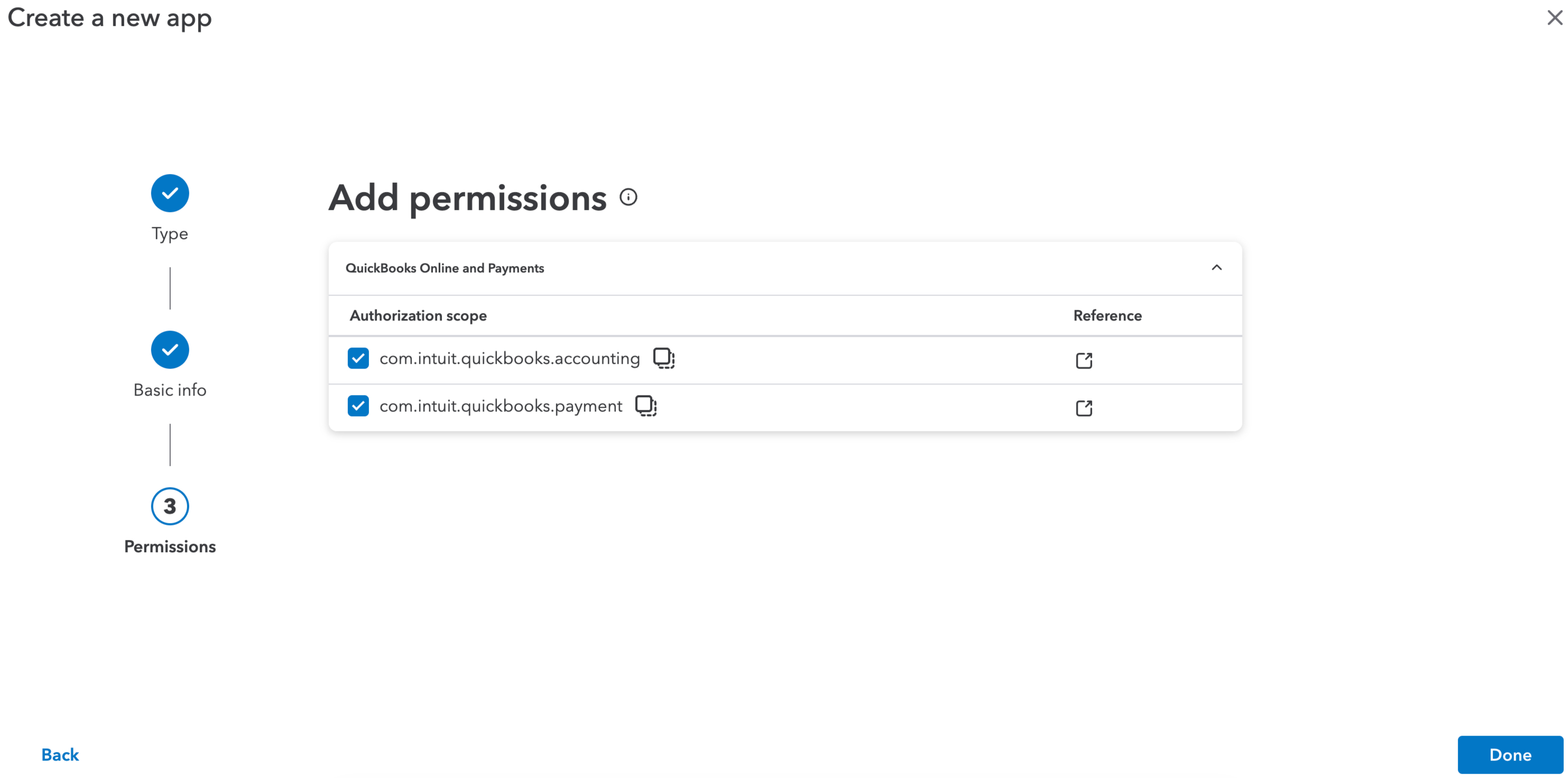 Create a new app wizard, Permissions step, QuickBooks Online and Payments scopes checked