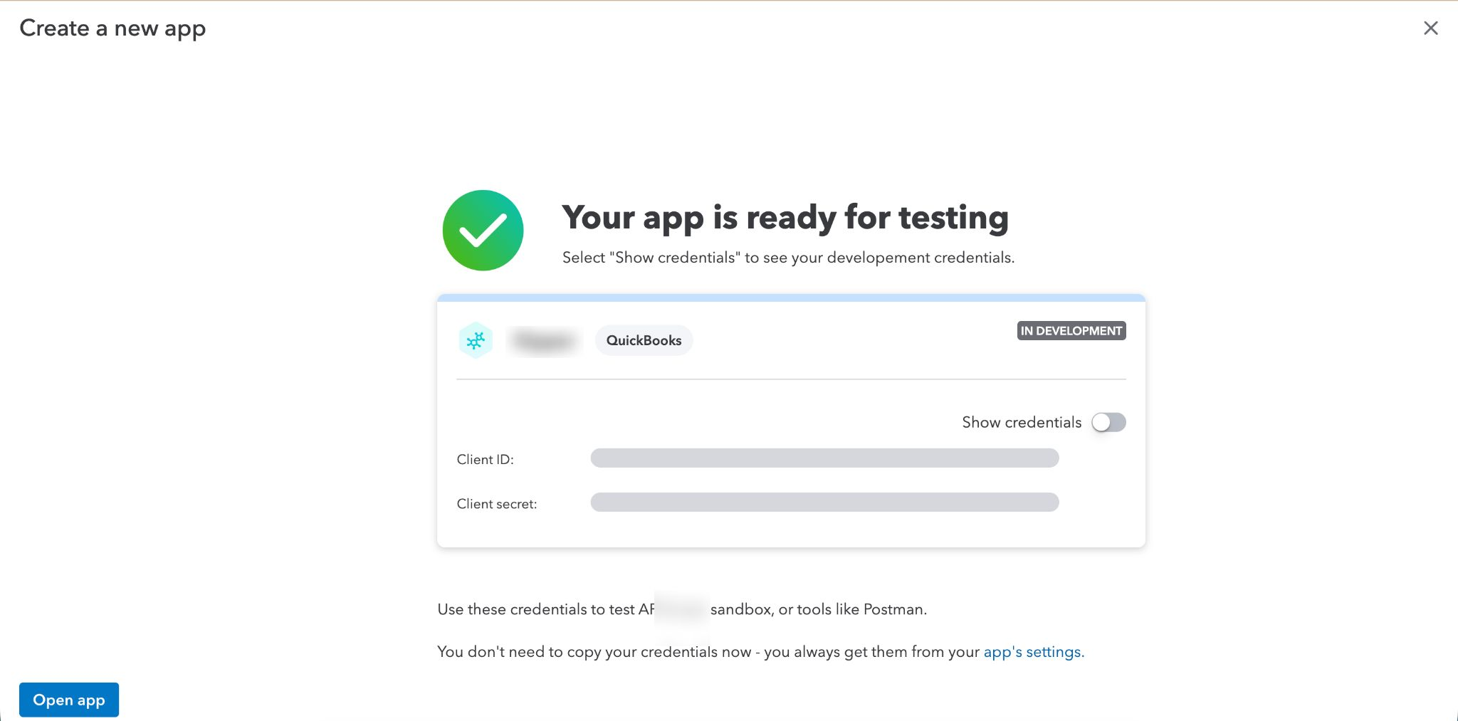 App ready for testing confirmation with masked Client ID and Secret